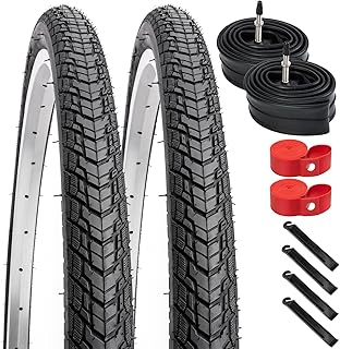 2-Pack 700C Road Bike Tires 700x38C (38-622) Plus 2 Pack 700C Bike Tubes 700x35/43c FV48 Presta Valve and 2 Rim Strips Compatible with 700 x 38C Road Bike Tires and Tubes (Black)