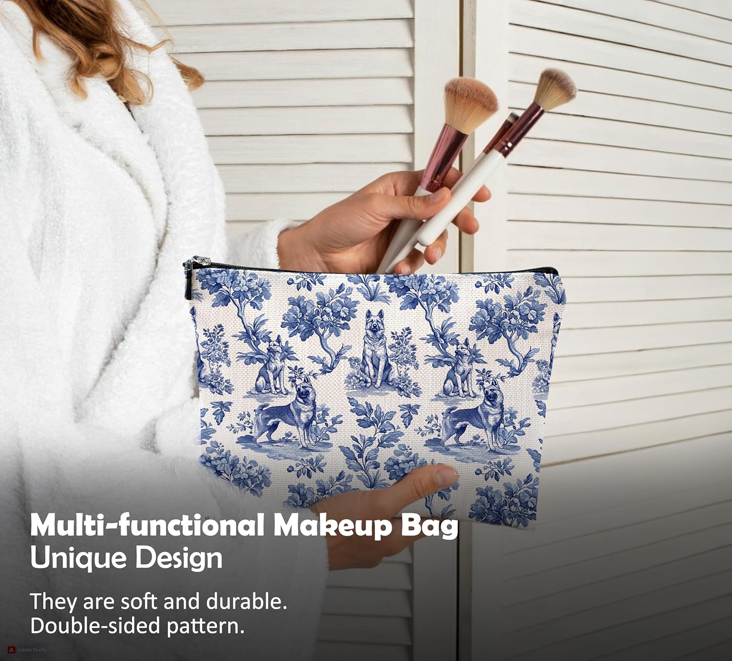 Chinoiserie Norwegian Elkhound Makeup Bag, Dog Lovers Gifts Cosmetic Bags for Women, Dogs Mom Gifts for Women, Grandmillennial Blue and White Botanical Dog Zipper Makeup Pouch - Image 4