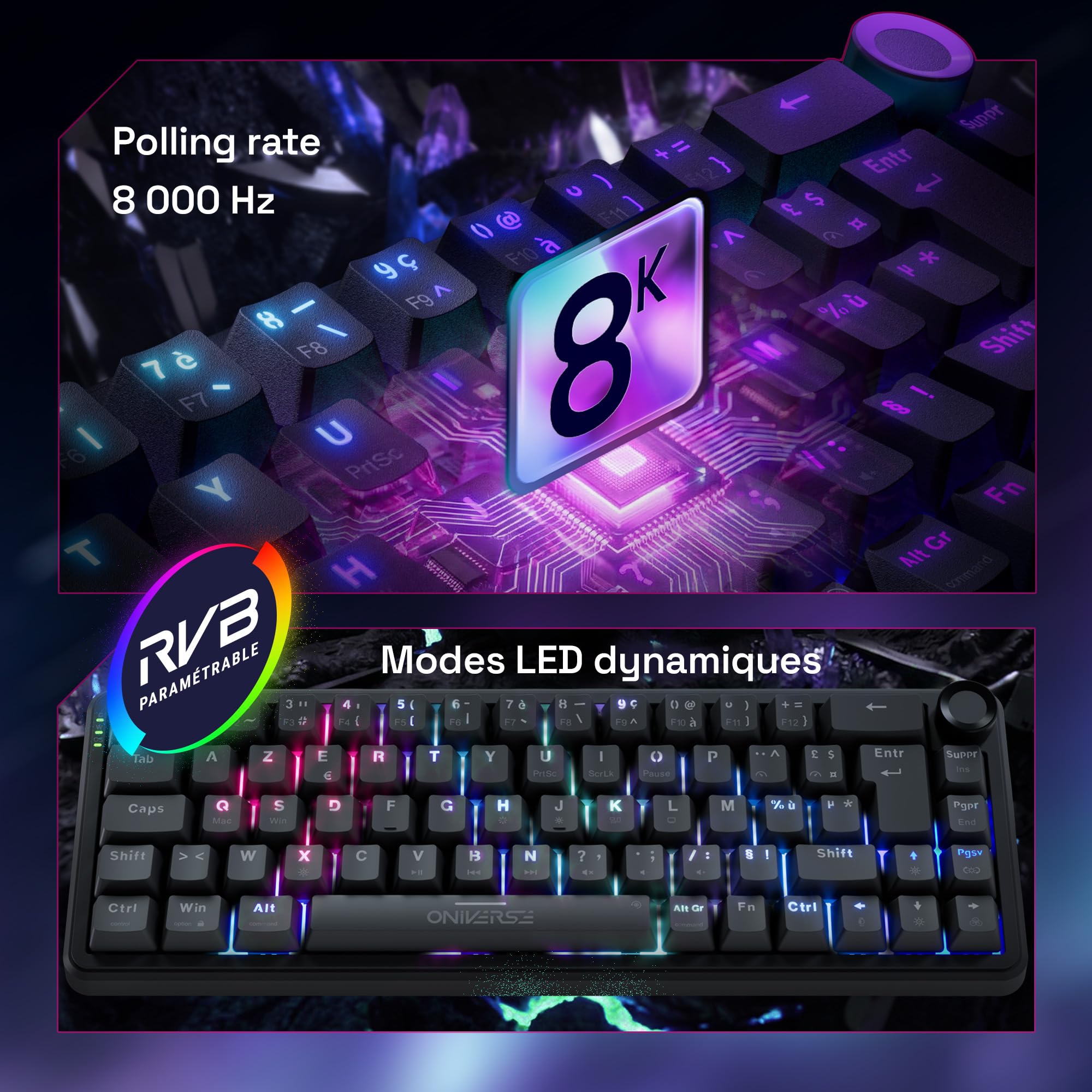 Przewodowa klawiatura magnetyczna do gier 65% z przełącznikami Halla Effect, Rapid Trigger, regulacja działania 0,1 mm, zapobiegająca duchom, 8000 Hz, LED, AZERTY, do komputerów PC/Mac