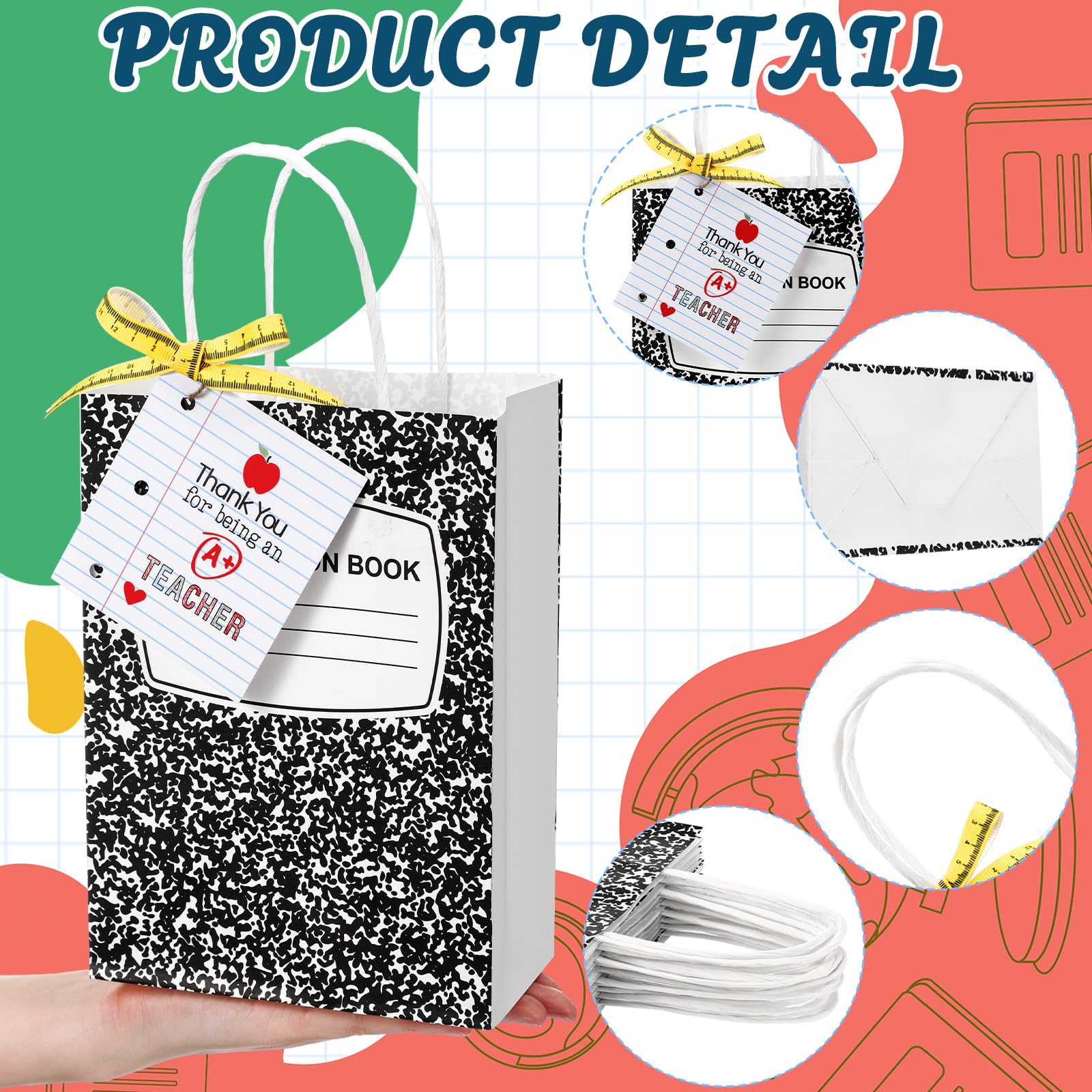 Gilprop 12 Pcs Teacher Appreciation Gift Bags with Paper Tag Thank You Teacher Gift Bags with Handle End of Year Gifts with Tape Measure Ribbon for Graduation Party Favor (Composition Book,Main black)
