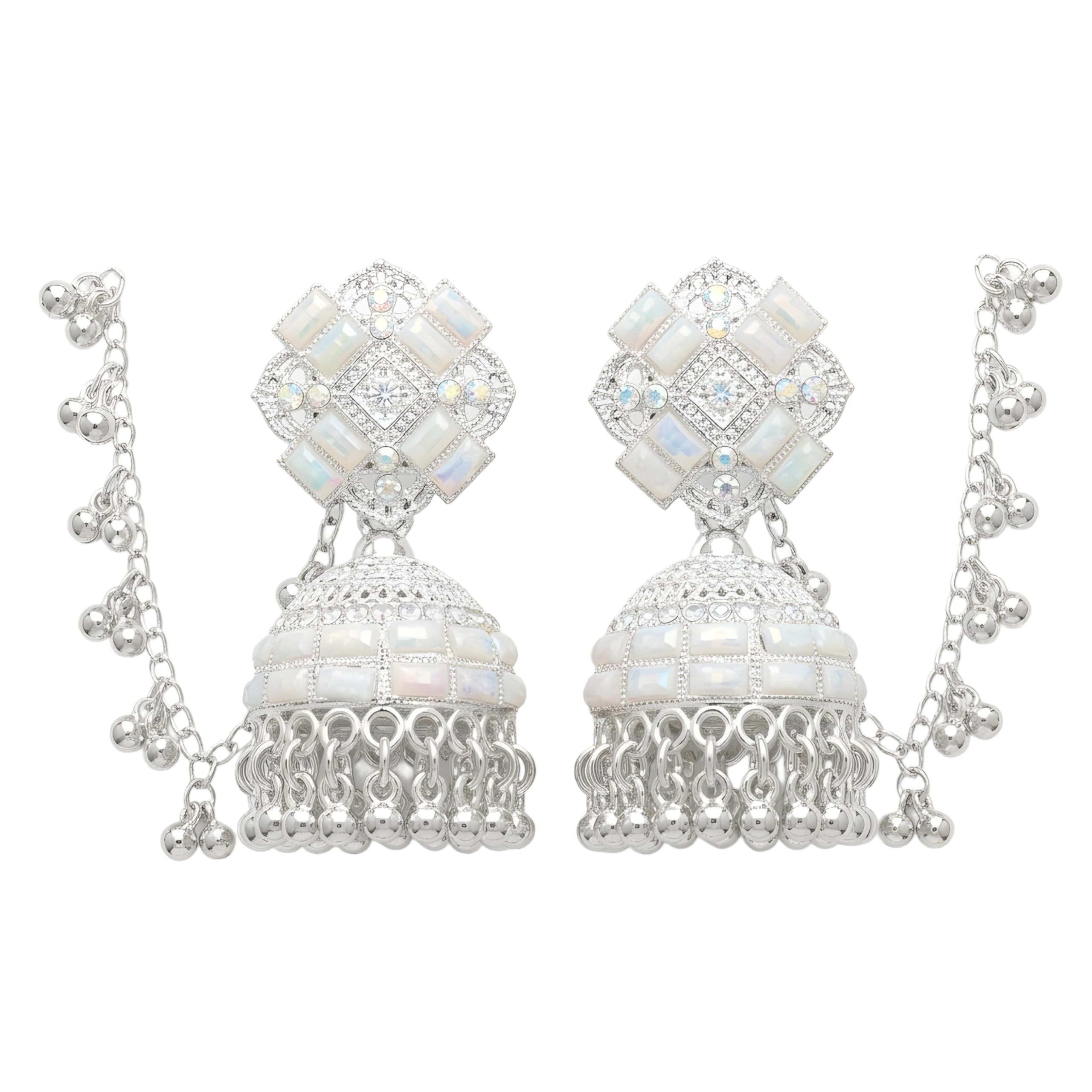 jaeva home & jewels JAEVA Bahubali Silver Jhumka Earrings Opal Mirror Stones with Dangling Bell Chains, Traditional Indian Style Jhumka || Traditional Ethnic Dangler Earrings for Wedding, Party & festival wear-picture-57