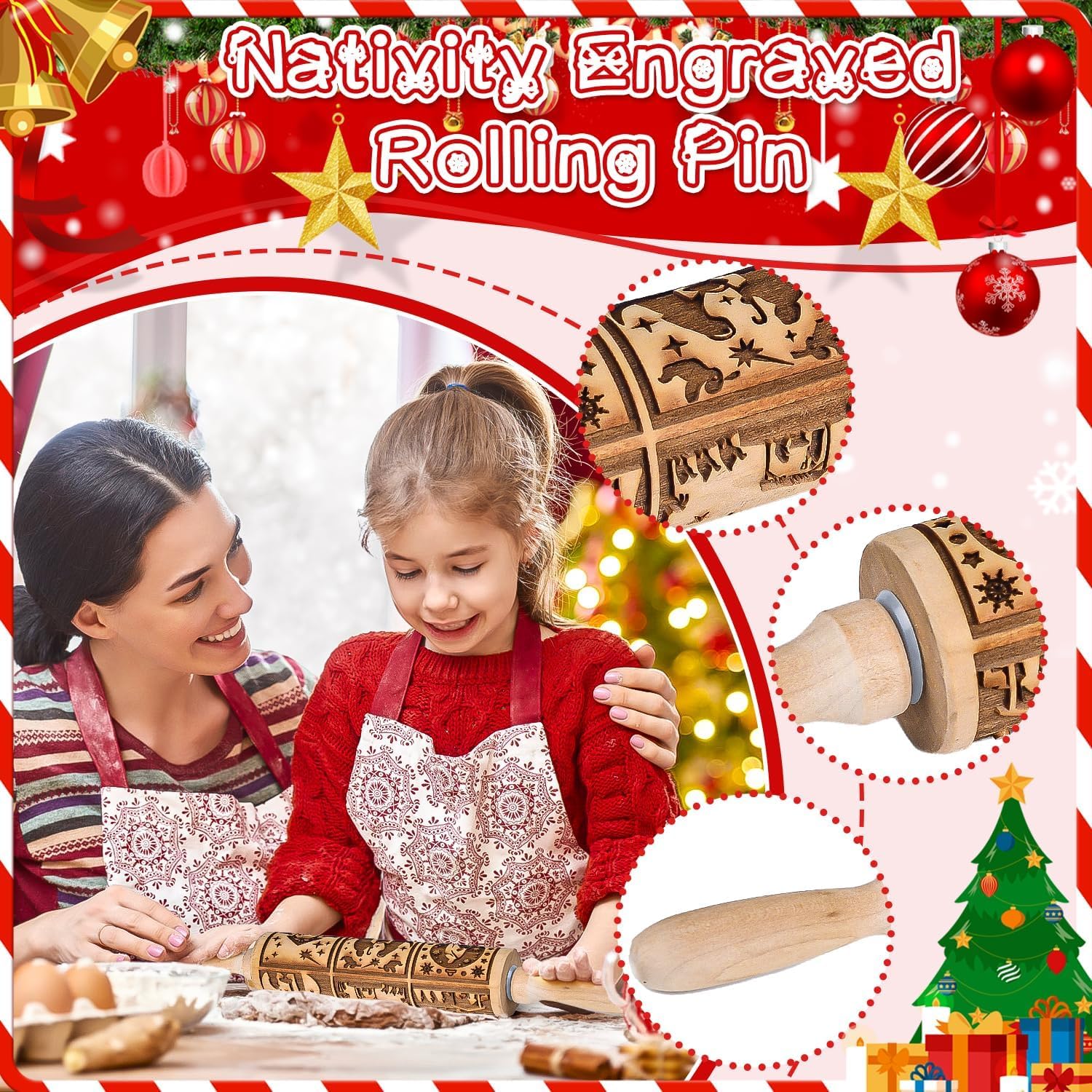 Rouleau à pâtisserie en bois 3D 35 cm motif fleurs de Noël