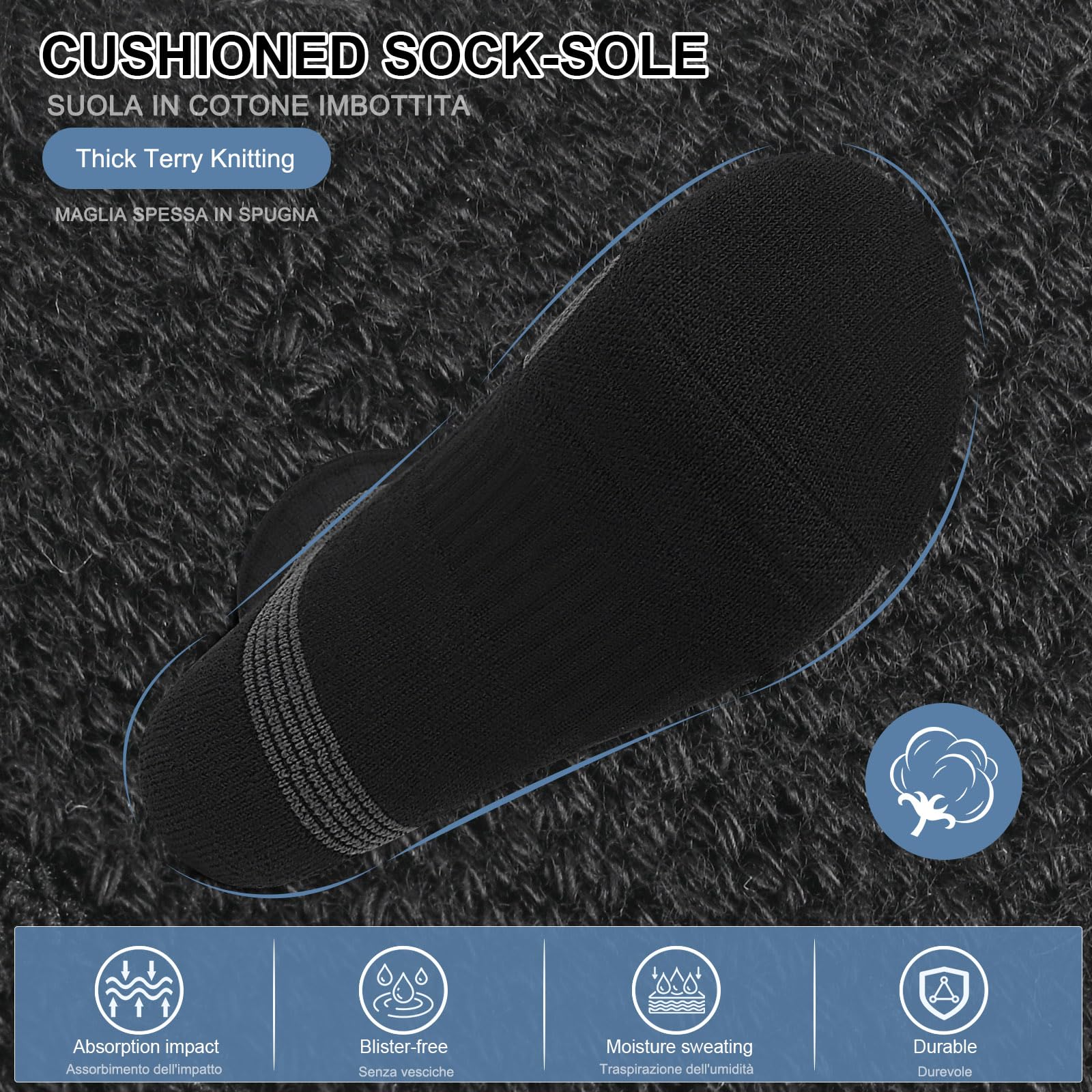 6-Paia Imbottiti Calzini Sportivi Uomo Donna, Calzini da Tennis Anti-vesciche Traspiranti in Cotone, Calzini Allenamento Prestazionali Pallavolo Pickleball Padel Badminton Corsa Basket Trekking