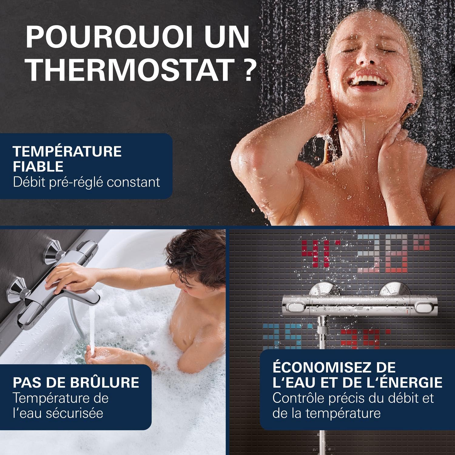 GROHE Mitigeur thermostatique douche Precision Get, montage mural, indicateur de température, filtres intégrés, poignées métalliques, rosaces incluses, chromé, 34773000 (Import Allemagne)