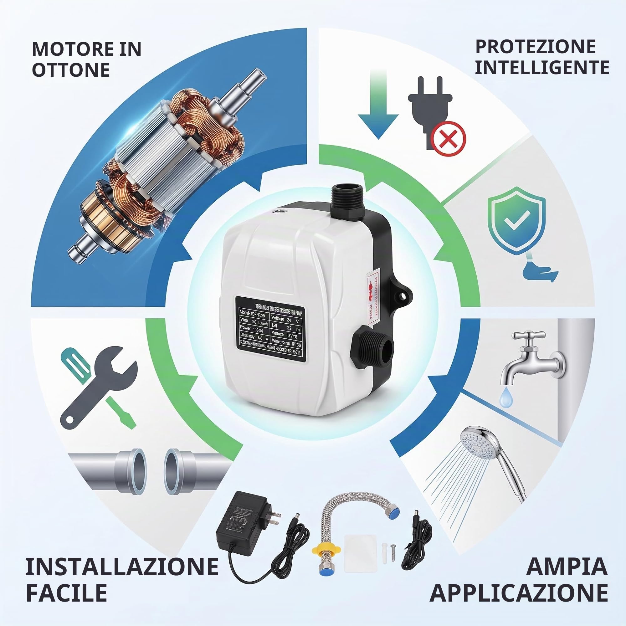 Pompa Automatica per Cucina e Doccia in Ottone ABS Silenzioso Pressione Acqua Alto Sollevamento 180W DC 24V AC 100-240V