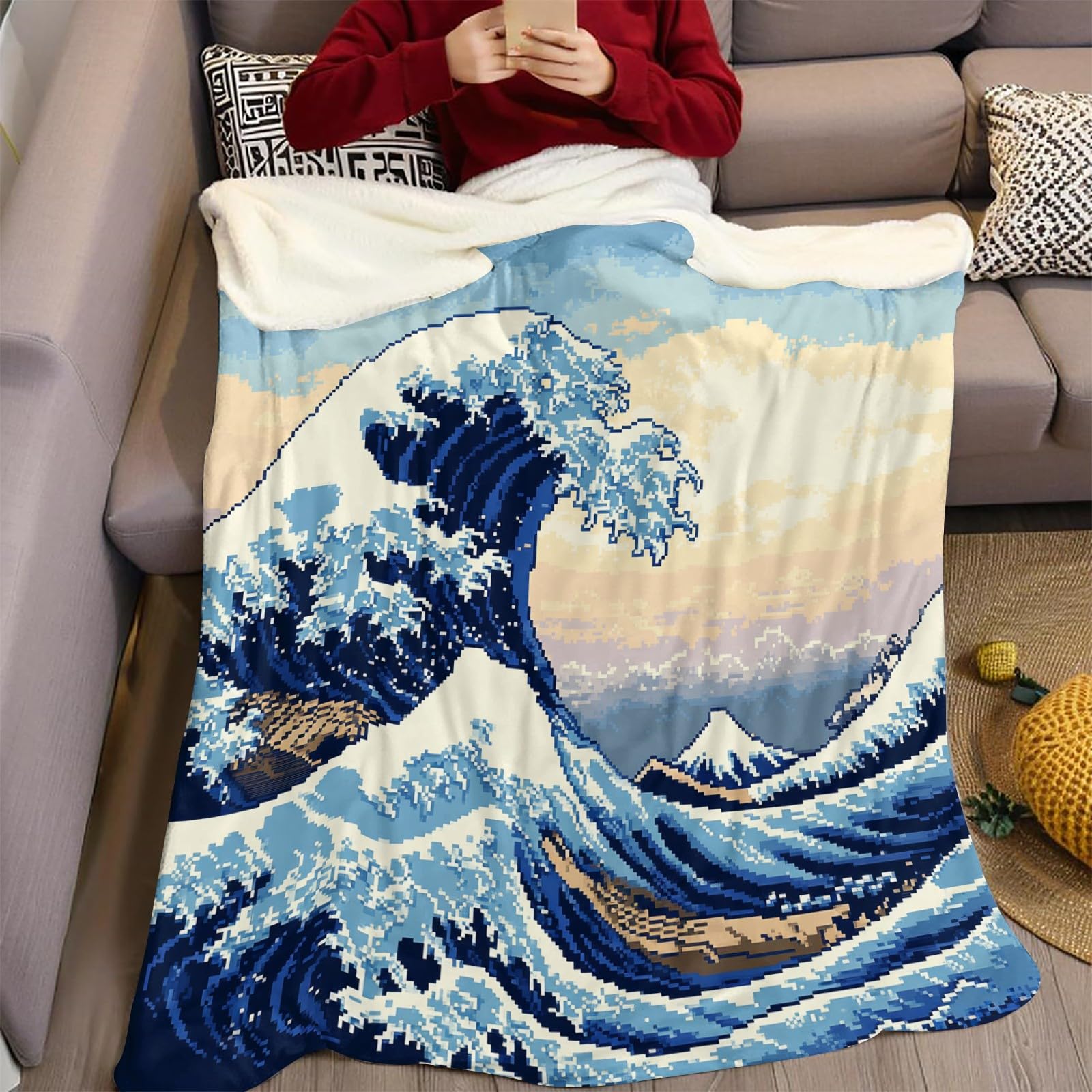 Estilo de Juego Manta 70 x 100 cm Ola Japonesa Estampado Suave Franela esponjosa y calentita Manta de Forro Polar para Niñas Niños Sofá Aire Acondicionado Camping