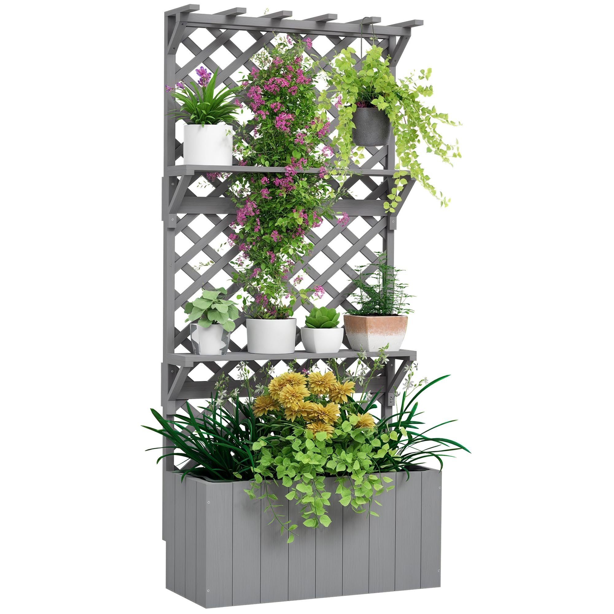 Outsunny Unisex Grey Wooden Raised Planter With Trellis And 2 Shelves,