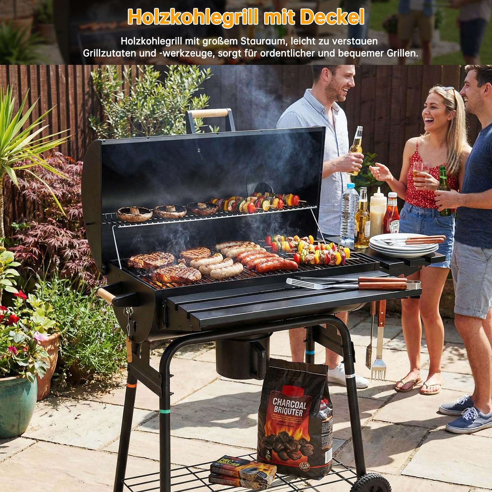 TLSUNNY Barbecue Charbon de Bois, Chariot à Grill avec Couvercle, Cheminée, Thermomètre, Bac à Cendres Amovible, Tablettes Pliables, 2PCS Roues, BBQ Fumoir pour Jardin et Camping, 6–8 Personen