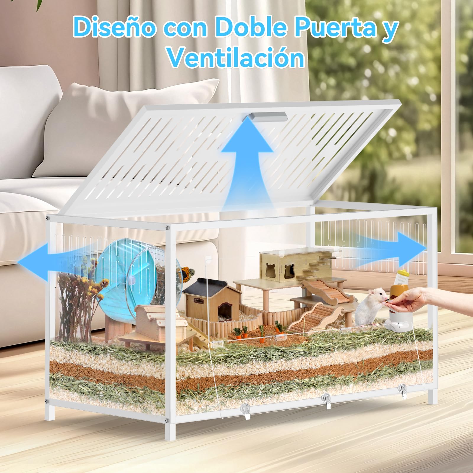 BORISI Jaula para Hámster Grande 103x56x52 cm, Metal y Acrílico | Espacio 0,58 m², Para hámster y ratón, Base profunda, Vista acrílica, 2 puertas aireadas, Guía de montaje