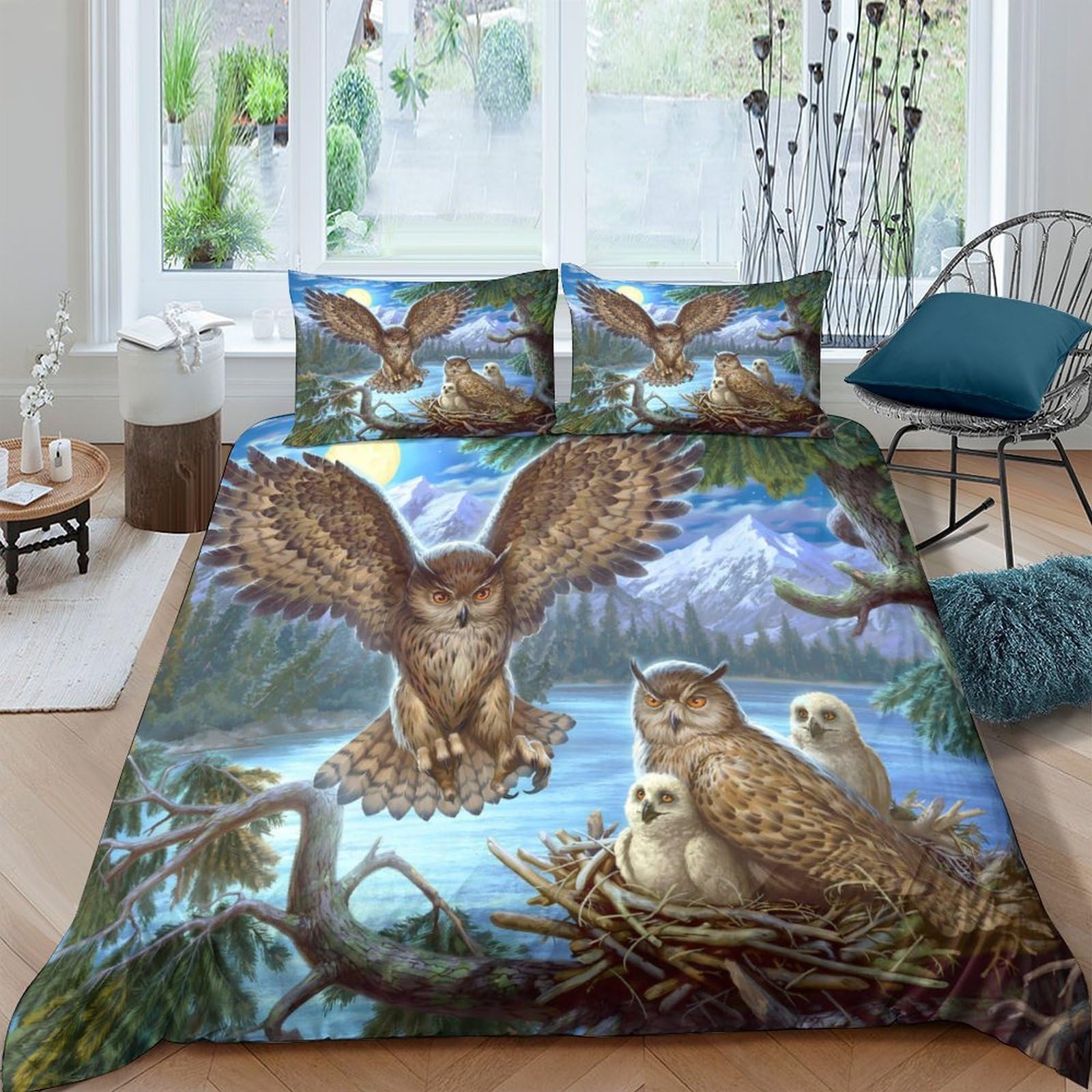 Ctjqhvkz Style-9 3D Printed Owl Forest Fitted Sheet Microfiber Breathable Lake Night Bed Cover For Bedroom Guest Room Decor Single（135X200cm）