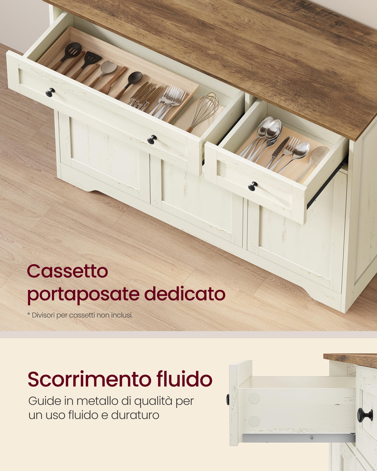 VASAGLE Siren Collezione Credenza Madia, Mobile Soggiorno in Truciolato, Buffet per Cucina e Ingresso, Ripiani Regolabili, 106,8 x 40 x 80 cm, Bianco Nuvola, LSC531WJ01