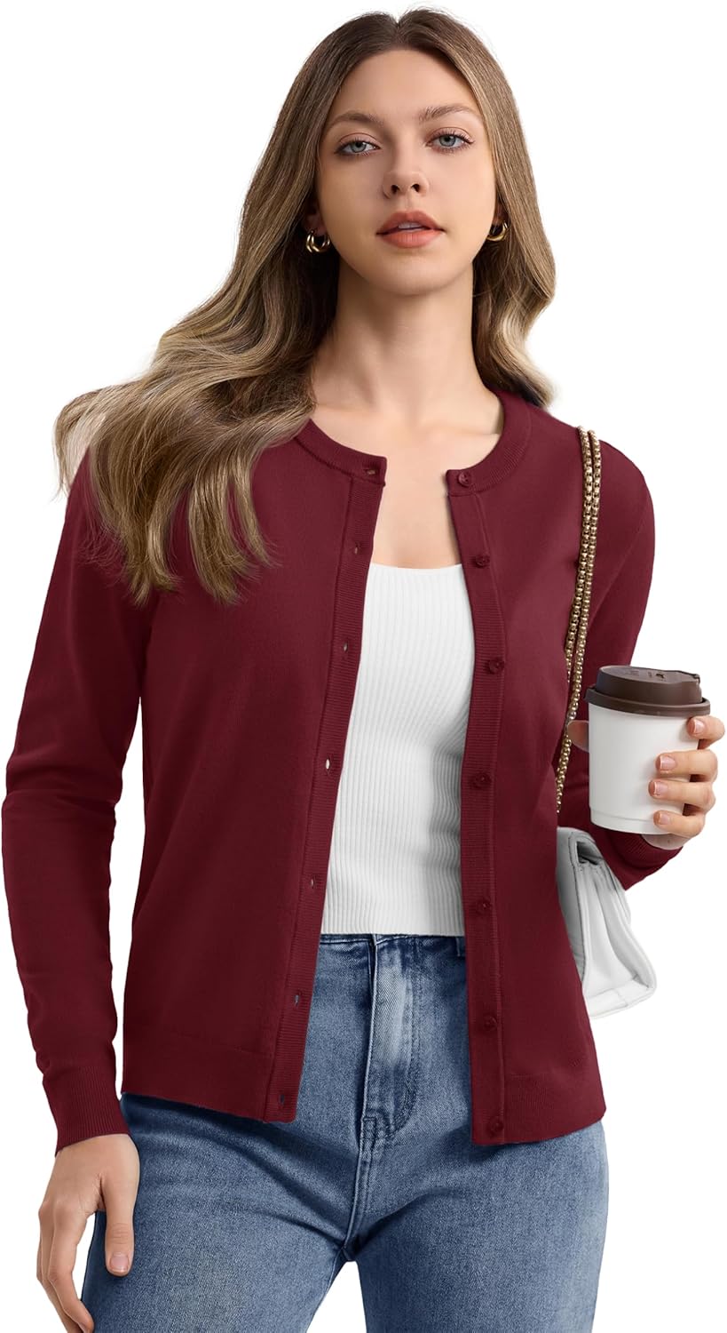 YUCOLEN Women's Cardigans Sweater Lightweight Button Down Crew Neck Long Sleeve Soft Knit Casual Cardigan - Image 2