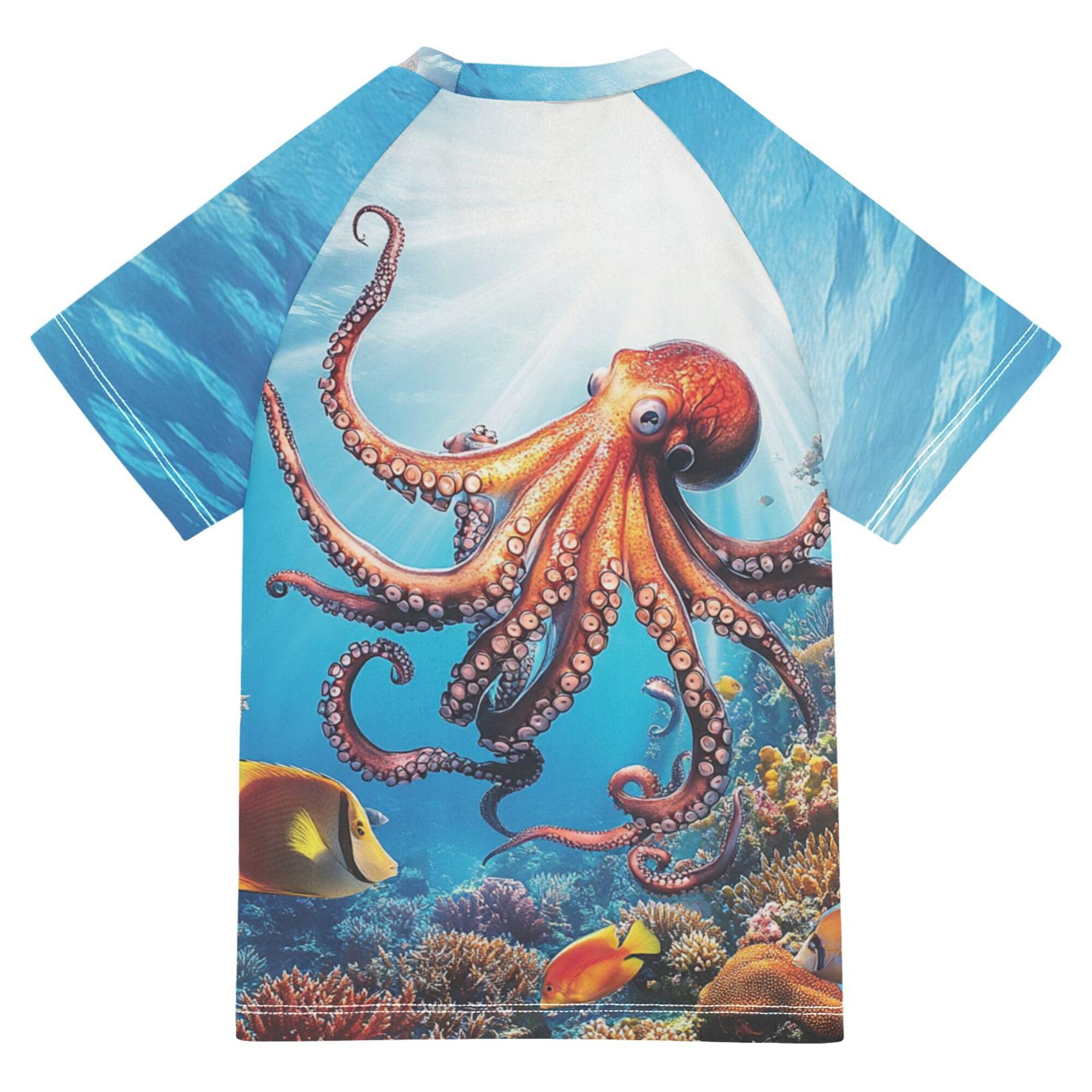 Cartoon Sea Animal sea Kids Bathing Suit Sun Protection Rash Guard Swimsuit Swimwears Tshirts for Little Boys 7-8Y