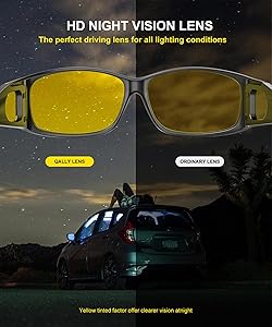 QALLY Night Vision Glasses, Fit Over Glasses Wrap Around HD Night Driving Anti Glare Glasses for Women Men