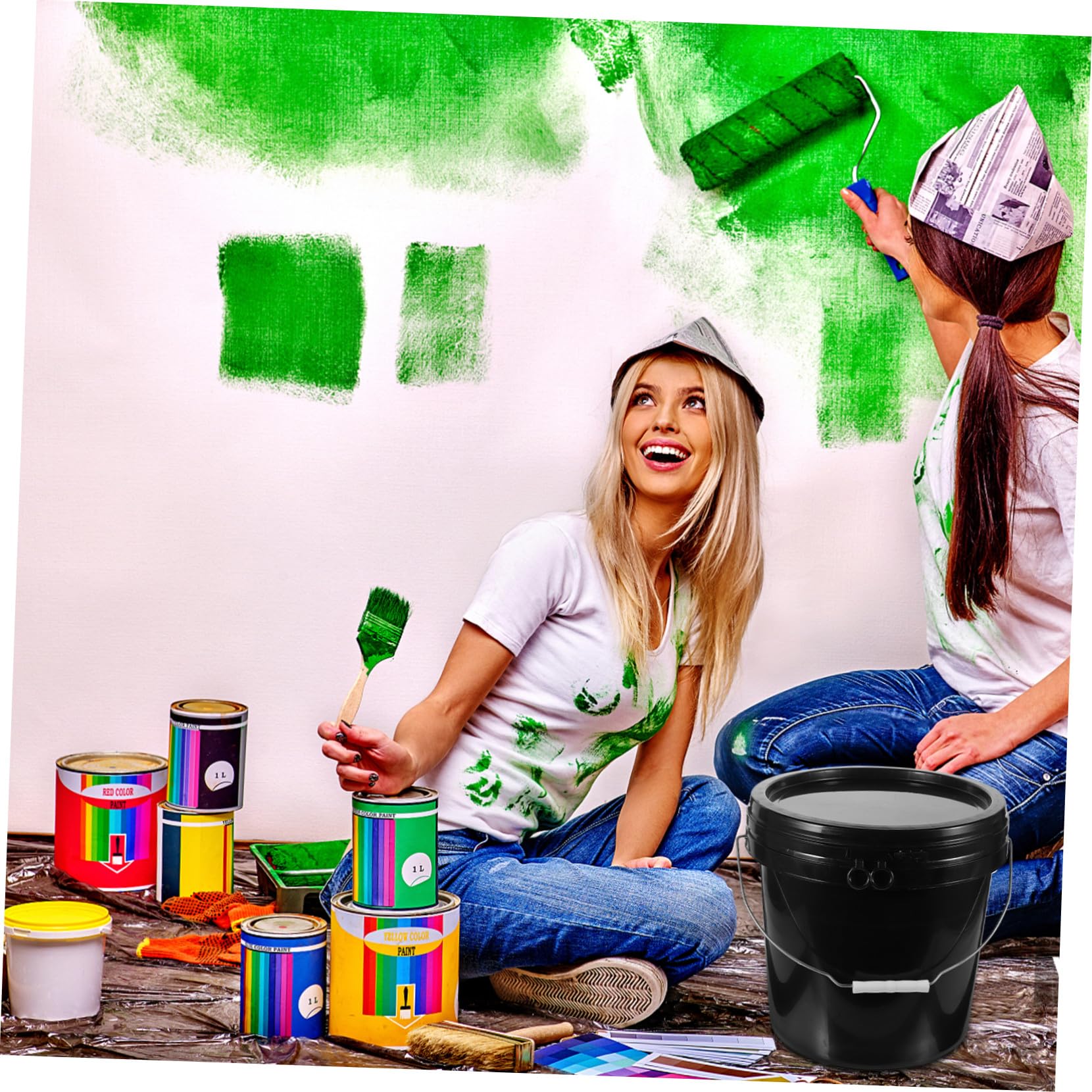 Seau de Peinture Vide Noir 10 L Couvercle, Récipient Rond Hdpe
