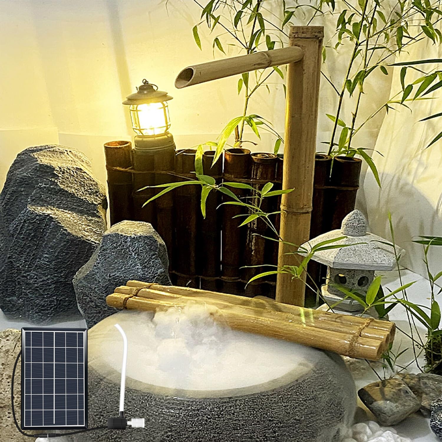 Fontana in bambù, Fontana con Pannello Solare da 6W e Pompa dell'Acqua da 12V, Trattamento anticorrosione a carbonizzazione, per laghetto da Giardino, 50 cm