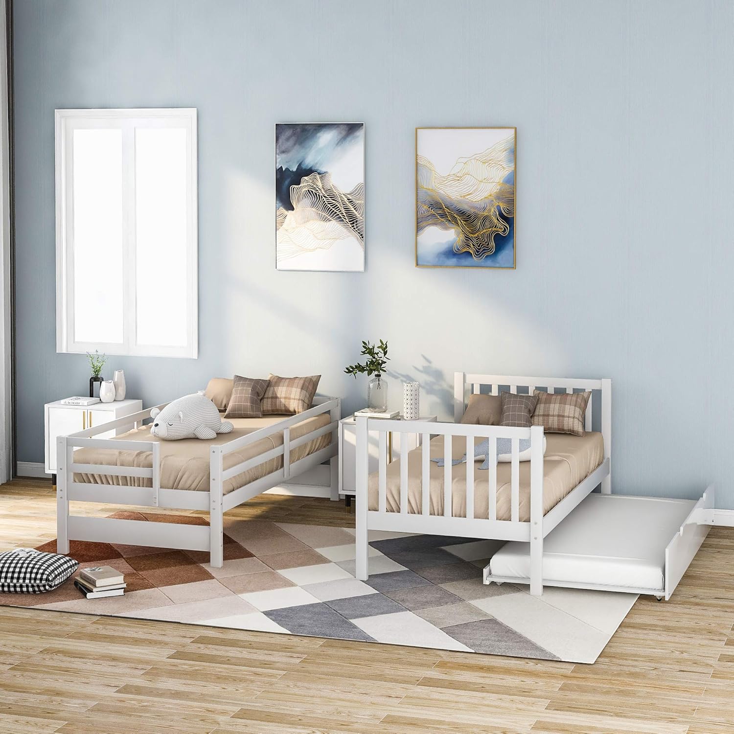 Bellemave Wood Bunk Bed with Trundle, Twin Over Full Bunk Beds Frame with Ladder and Safety Guardrail, White