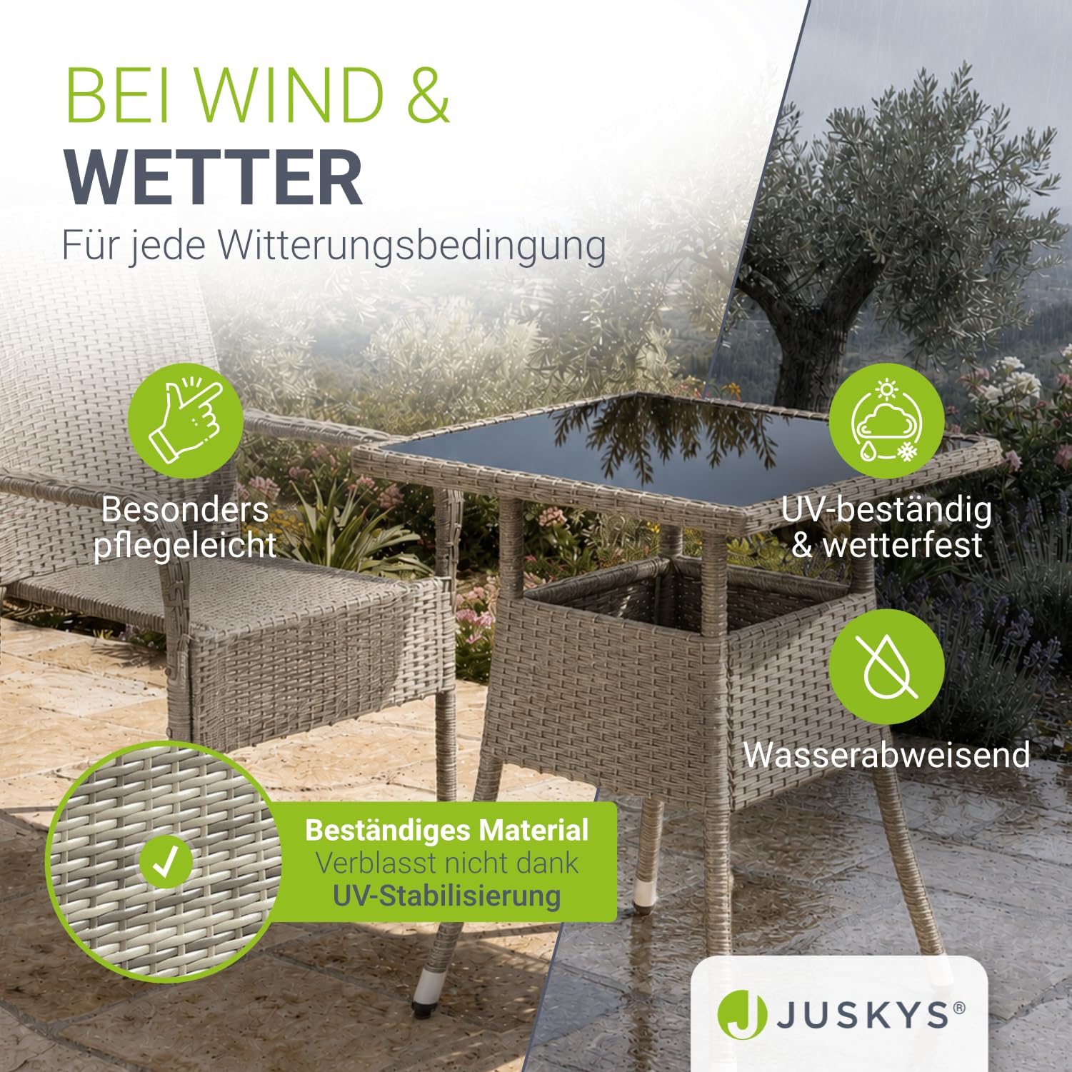 Juskys Polyrattan Gartentisch Yoro wetterfest - Balkontisch 60x60 cm eckig - Rattan Beistelltisch mit Glasplatte - Kleiner Tisch für Balkon - Grau