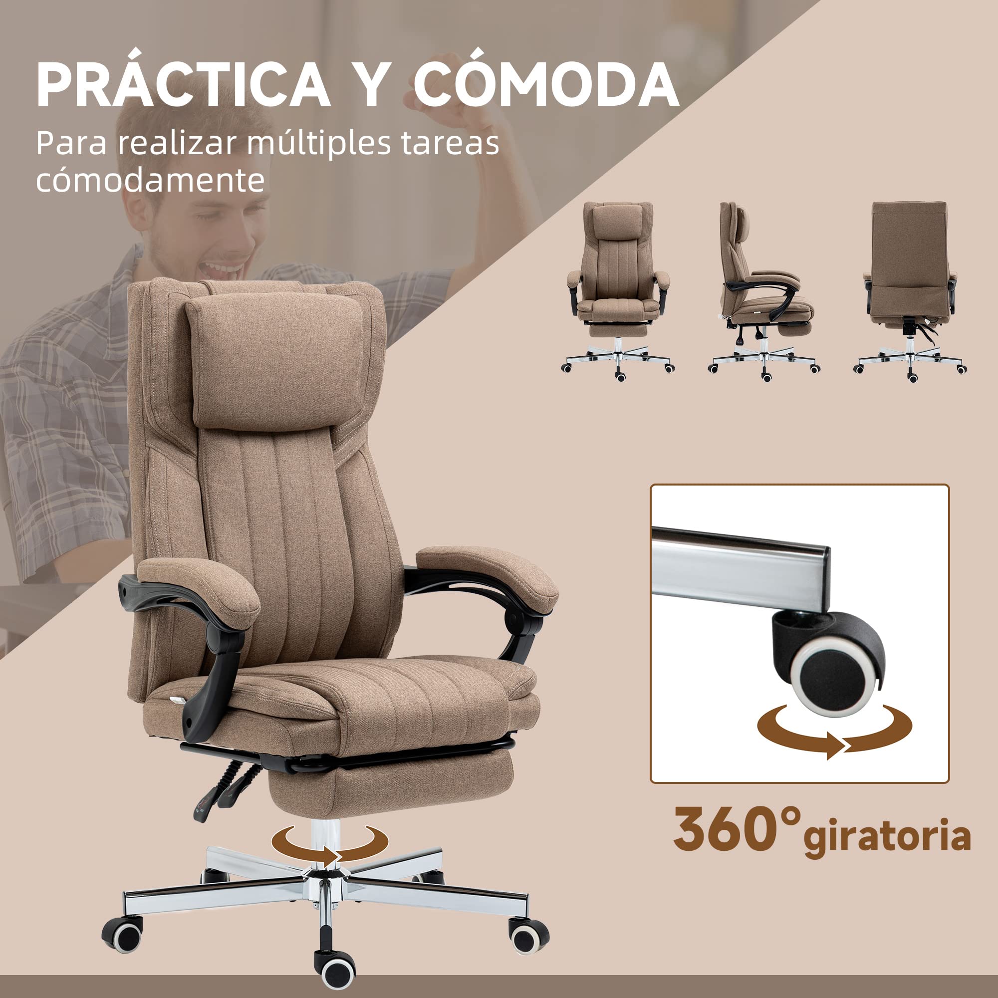 Vinsetto Silla de Masaje con 6 Puntos Masaje Altura Ajustable Marrón | Silla de Oficina Giratoria, Silla de Escritorio Reclinable, Control Remoto, Reposapiés, Reposacabezas