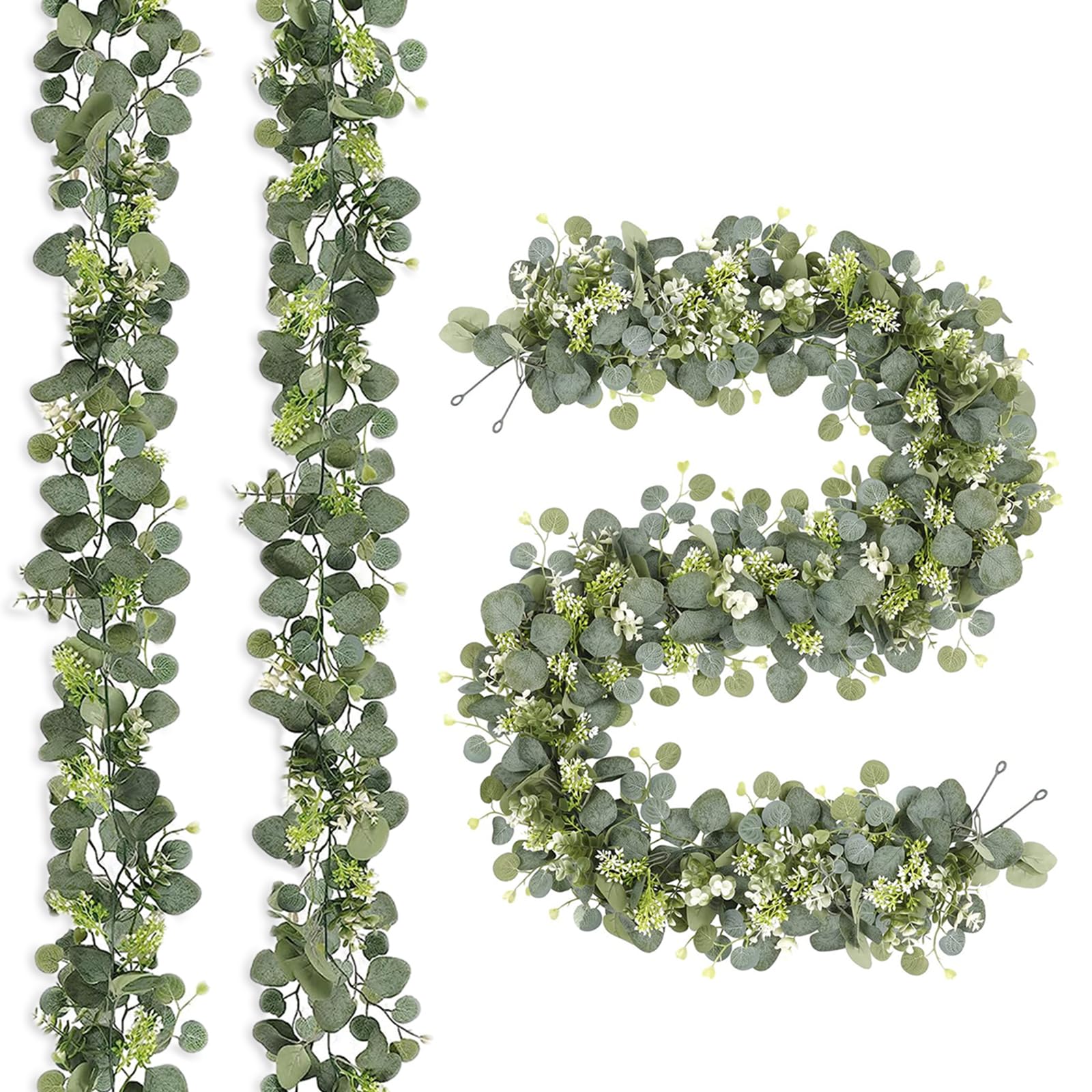 ANTOLE 2 Packs Artificial Eucalyptus Leaves Greenery Garland Faux Eucalyptus Garland Plant Spring Vines with White Flowers Berries Table Runner for Wedding Arch Home Party Mantle Decor