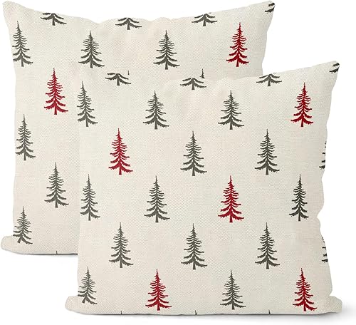 Juego de 2 fundas de almohada de Navidad de 18 x 18 pulgadas, color rosa árbol de Navidad, fundas de almohada de lino de lino estilo campestre