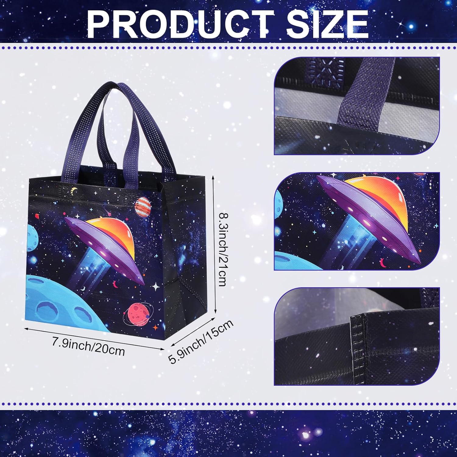 Windyun 48 Pcs Space Gift Bags Bulk Large Outer Space Party Favors Non Woven for Goodie Candy Treat with Handles 8.3 x 7.9 x 5.9 Inch Planet Galaxy Tote Bags Astronaut Birthday Shower Party Supplies
