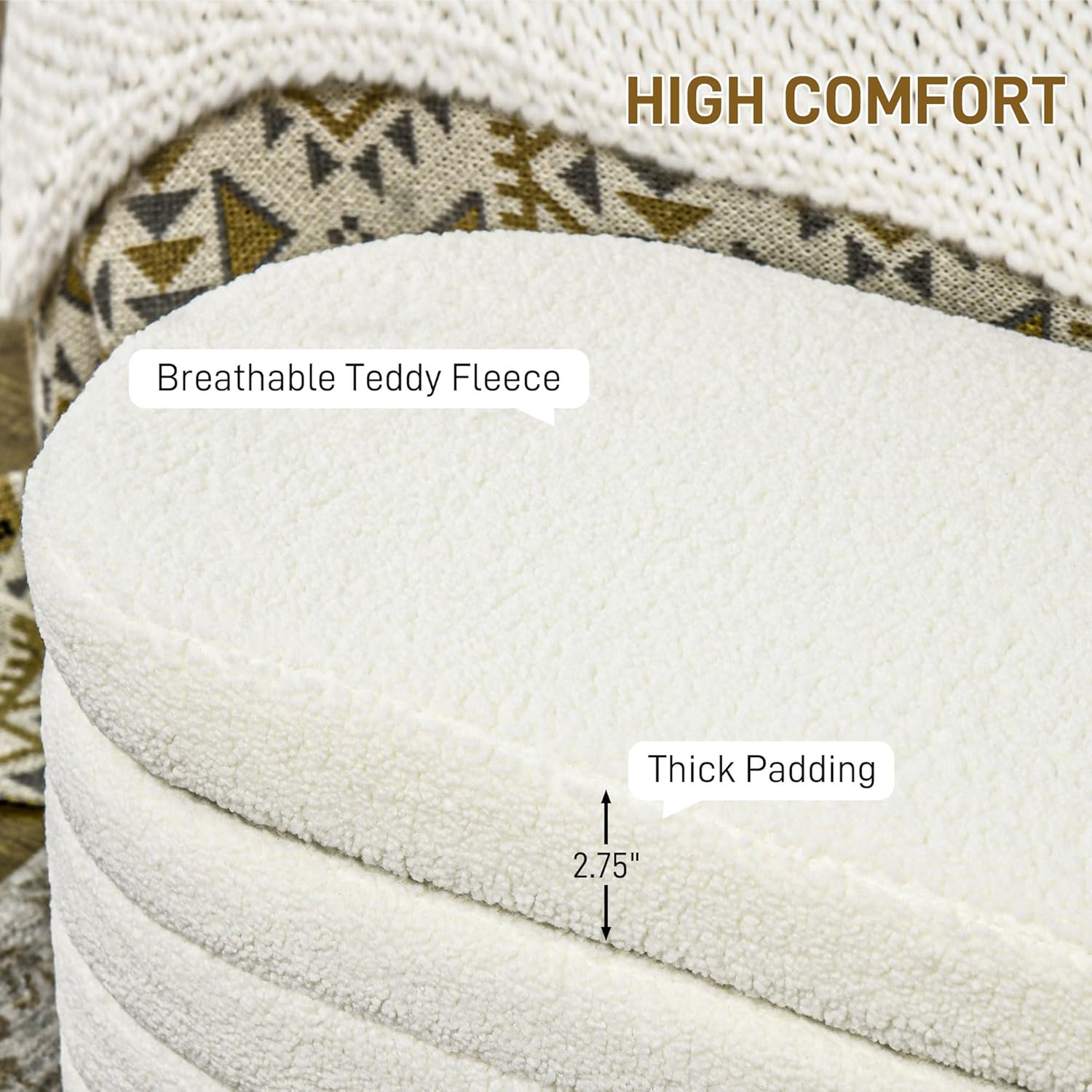 Close-up of the HOMCOM Storage Ottoman Bench's teddy fleece upholstery and thick padding, showing 2.75 inches of thickness.