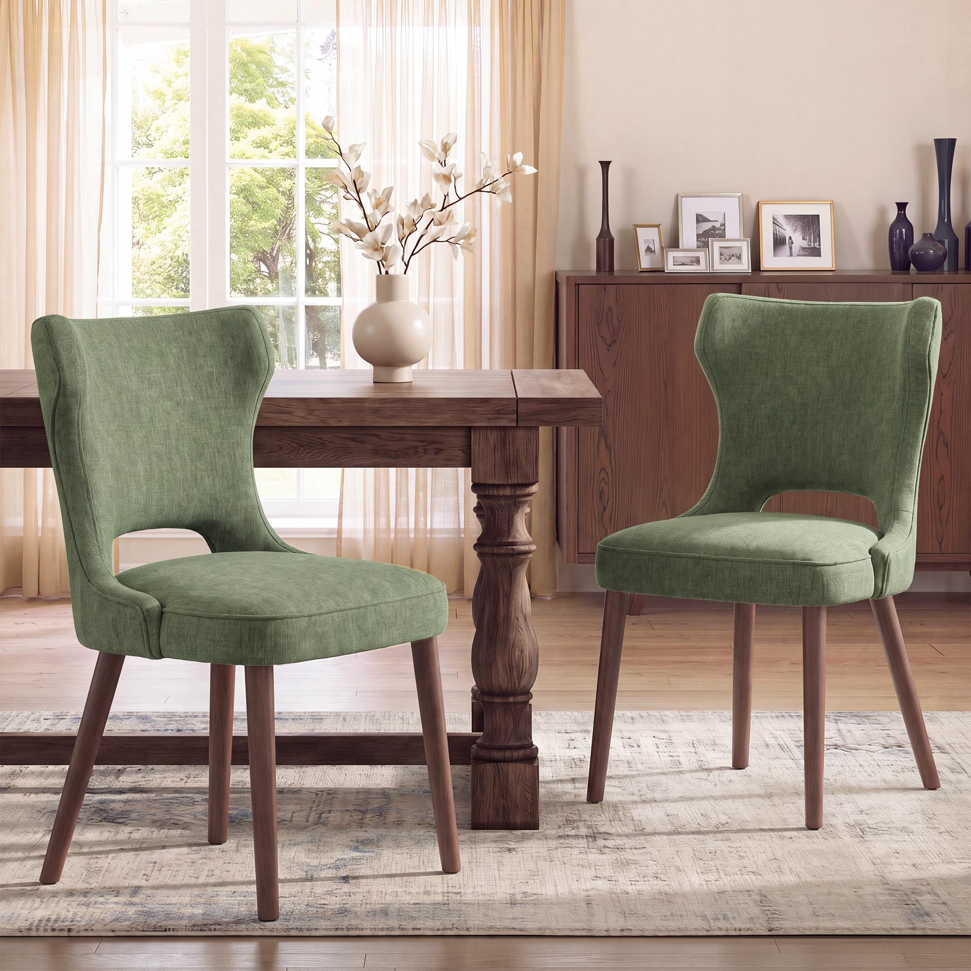 MALOL Upholstered Dining Chairs Set of 2, Dining Room Chairs with Hollow Backrest, High Back Kitchen Chairs with Solid Wood Legs, Thick Seat Cushion, Anti-Slip Pads, Green โ image 1