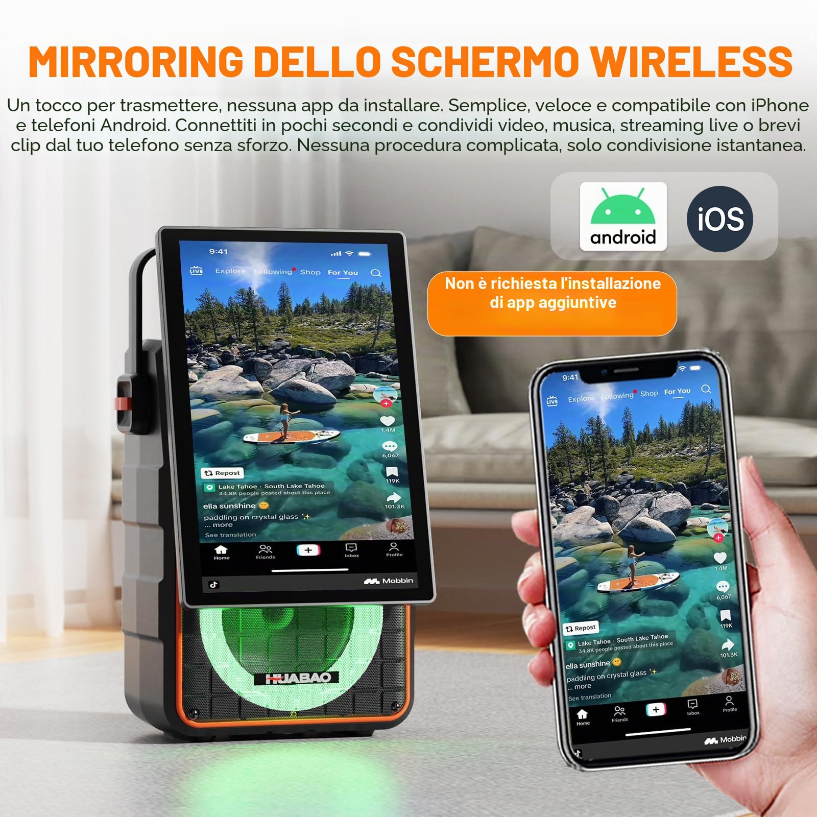 Altoparlante Bluetooth portatile per karaoke con schermo HD da 14,1 pollici, mirroring dello schermo wireless per iOS e Android, 2 microfoni wireless, AUX/USB/scheda TF, visualizzazione dei testi