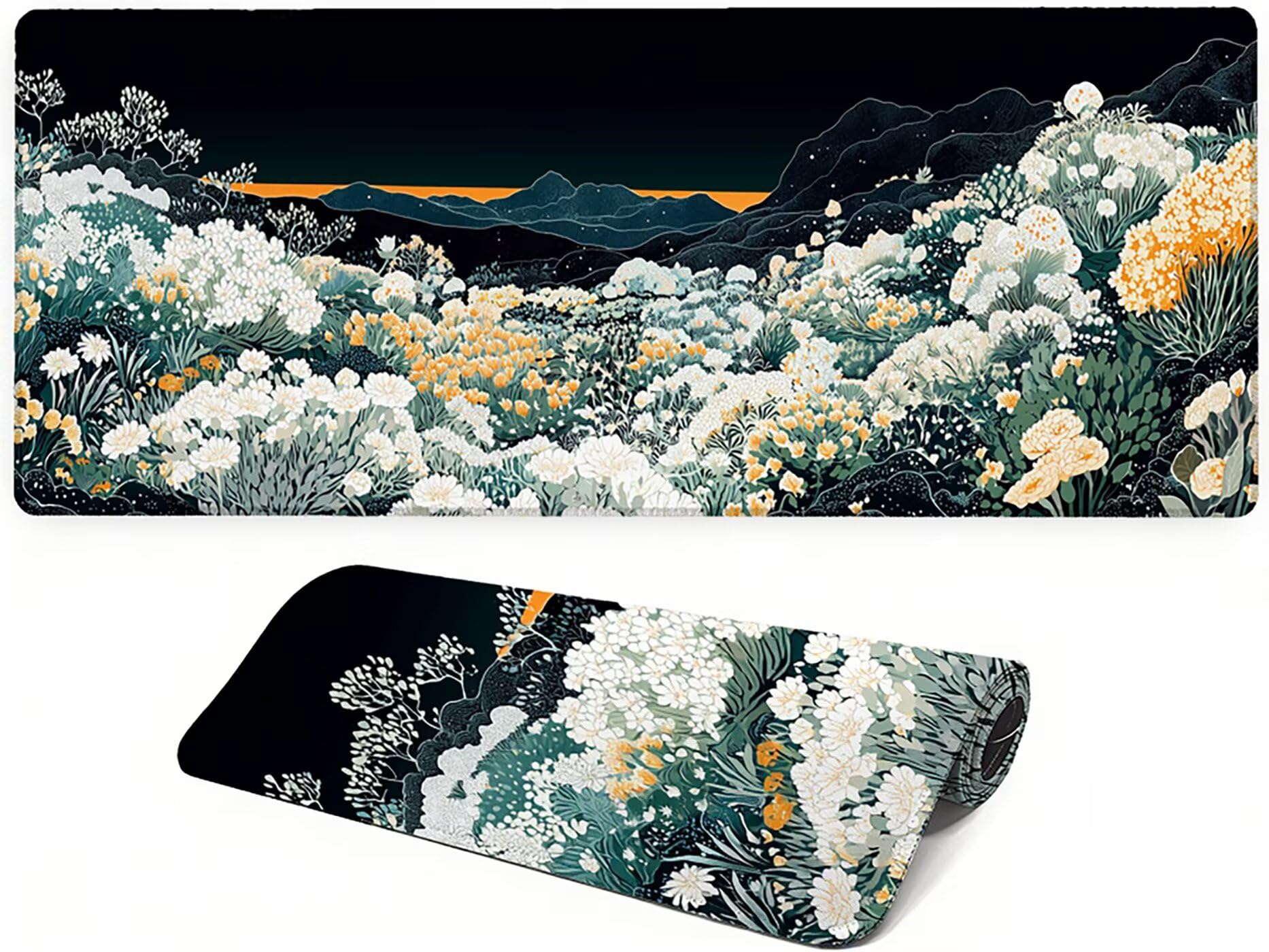 Lpfieonn Blume Großes Schreibtischunterlage, XXL Schreibtischunterlagen, Landschaft XXL Wasserdicht Gaming Mousepad mit Vernähter Rand und Rutschfeste Gummibasis, für Hause/Büro 120x60cm PF-2055