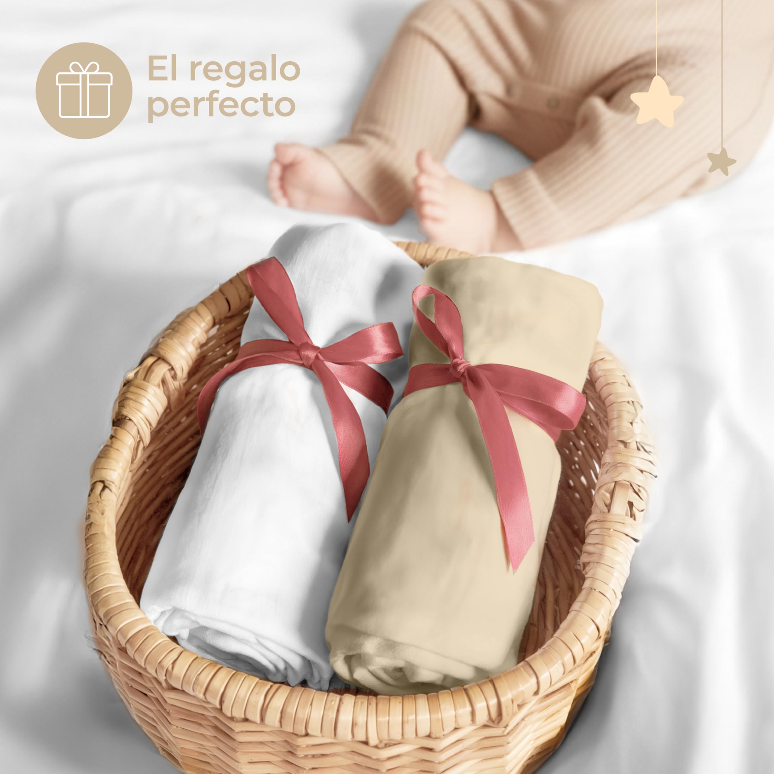 Dreamzie Juego de 2 Sabana Bajera Cuna 70x140 Algodon - Ajustables, Oeko Tex Certificado - Sabanas Cuna 70x140 para Colchon y Cama Infantil - Beige/Blanco