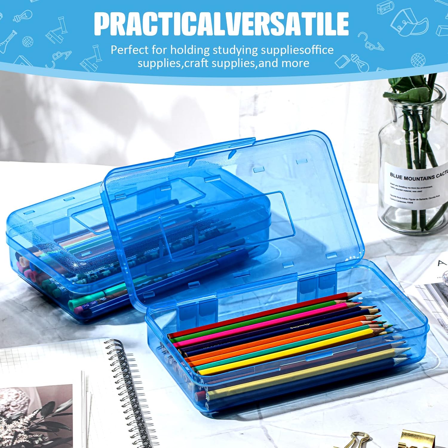 Fainne 24 Pack Pencil Boxes for School Clear Plastic Pencil Case Large Plastic Crayon Box Bulk Stackable Classroom Stationery Organizer School Supplies(Blue)