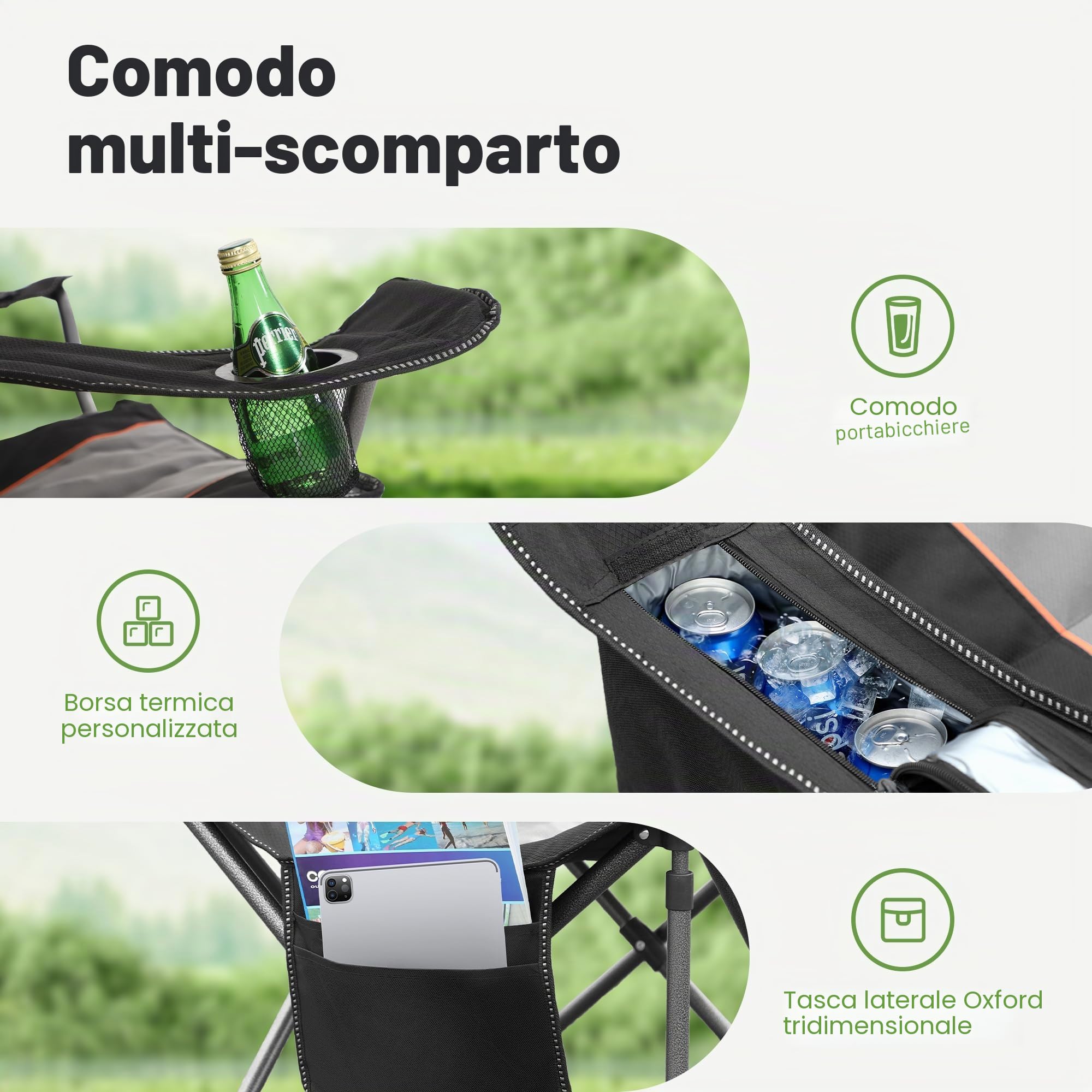 LET'S CAMP Sedia da campeggio pieghevole con portabevande e borsa frigo, pieghevole, fino a 200 kg