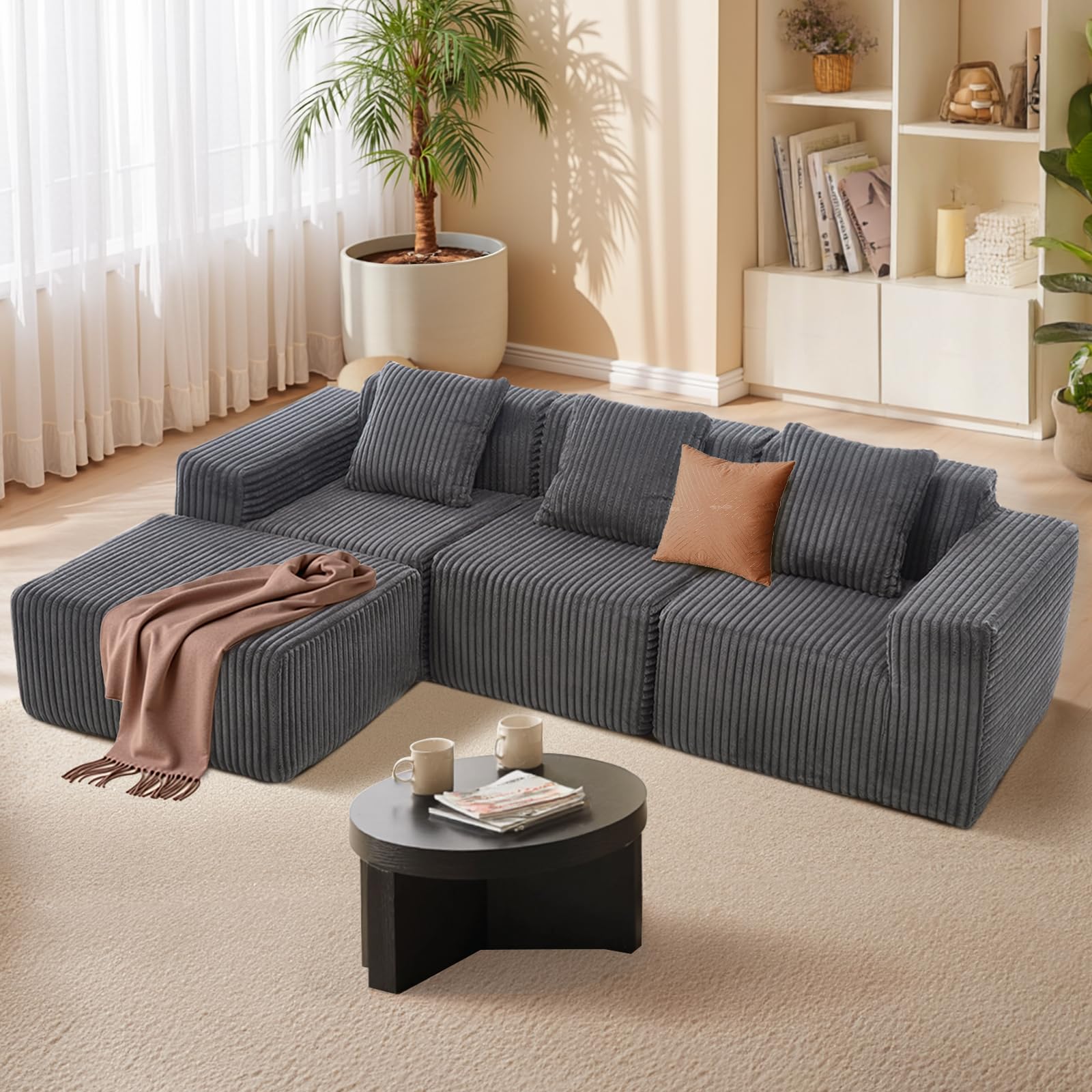 101" Boneless Cloud Modular Sectional Sofa, L-Shaped Corduroy Memory Foam Couch with Chaise Lounge, Modern Upholstered Sofas in a Box, No Assembly Required Couches for Living Room (Dark Gray, 101in)