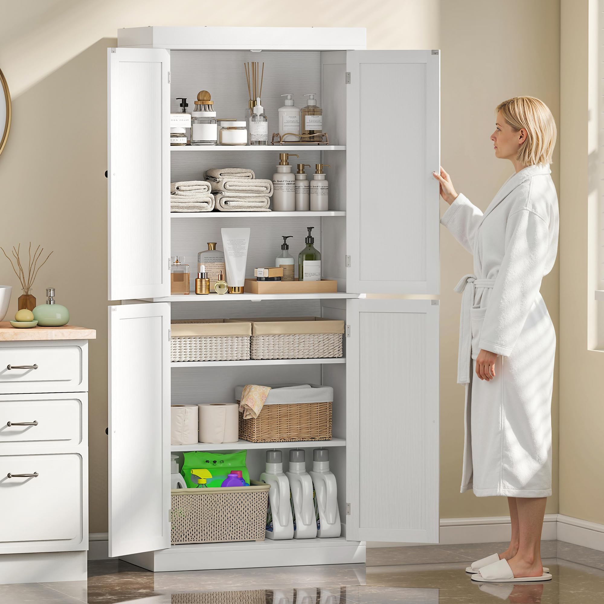HOMCOM Credenza Cucina Alta 184cm, Mobile Dispensa con 4 Ante Chiusura Magnetica, Ripiani Regolabili, Mobile Cucina a 6 Livelli, per Sala da Pranzo Soggiorno, Bianco