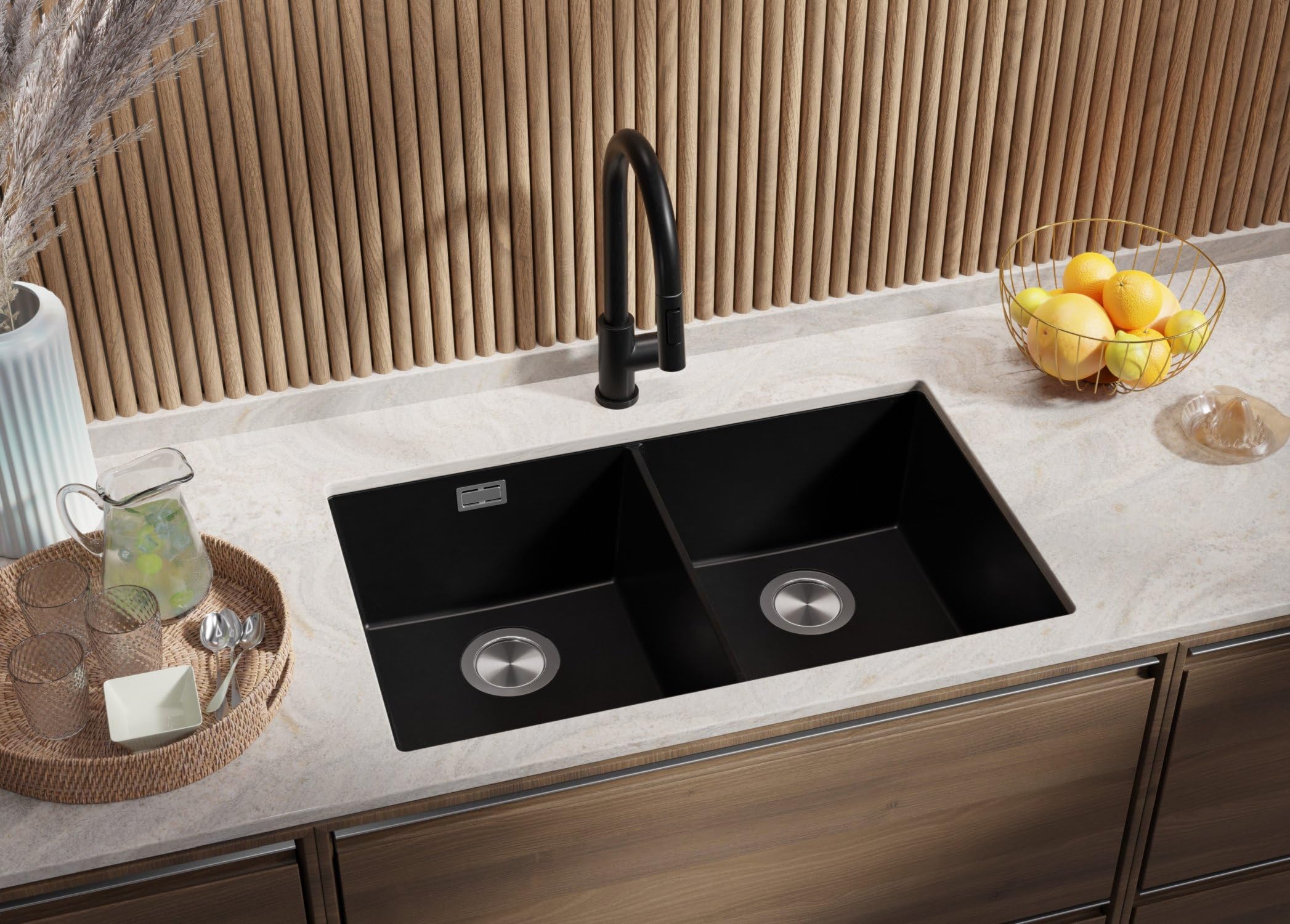 PRIMAGRAN Fregadero bajo Encimera Negro 76x47cm, Cocina 2 Senos + Sifón, Granito al Mueble 80cm - London Twin S001
