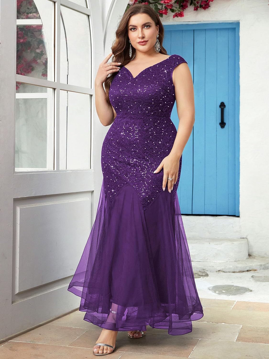 Miusol Women's Plus Size Sequins Lace Tulle Mermaid Hem V-Neck Sleeveless Formal Evening Party Maxi Dress - Image 4