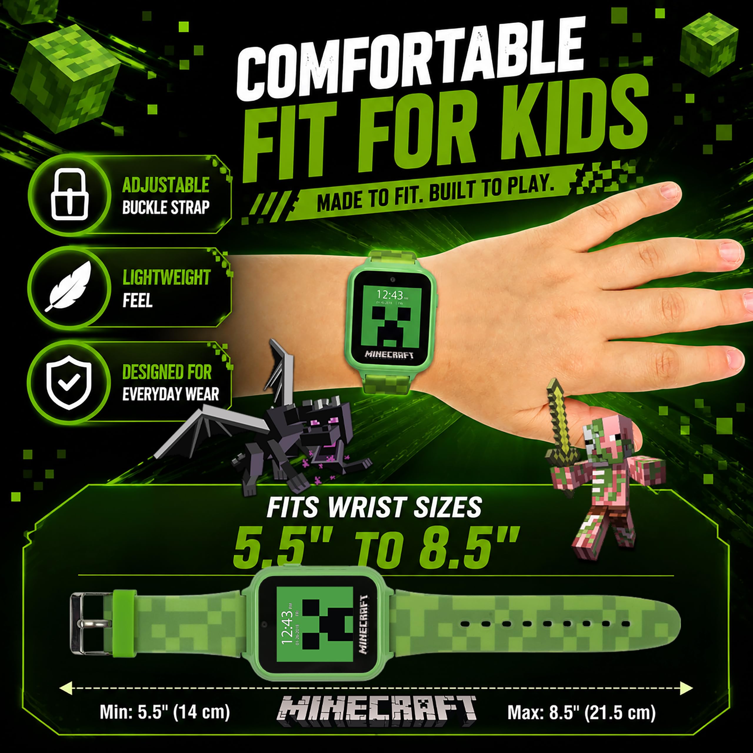 Minecraft, Smartwatch a LED per bambini, con 10 quadranti Creeper e Mob, contapassi, fotocamera per selfie, registratore video, registratore vocale, timer, giochi divertenti, calcolatrice e sfondi