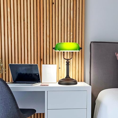 Miniatura 2 de Newrays Lámpara de escritorio de banqueros de vidrio verde antiguo con interruptor de cadena de tracción Enchufe en accesorio
