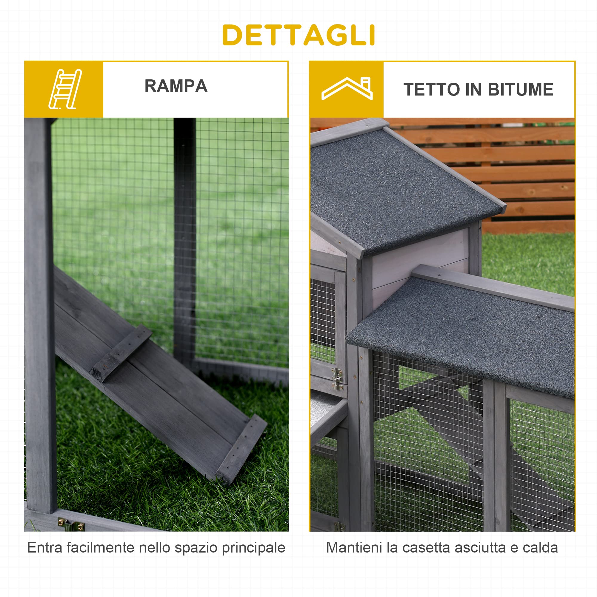 PawHut Conigliera Gabbia per Conigli in Legno da Esterno con Casetta, Spazio Aperto Recintato e Tetto 147x54x84cm
