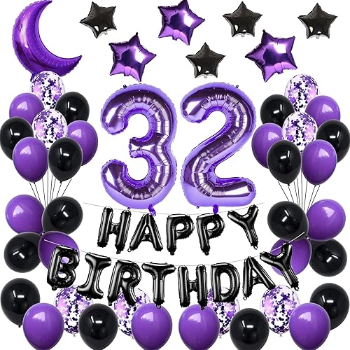 NANINUNENO Juego de decoraciones de cumpleaños número 32 para niñas, mujeres, niños, hombres, morado y negro, suministros de globos de feliz