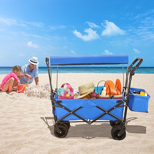 Miniatura 6 de Arlopu Carrito de jardín plegable con toldo extraíble, carrito plegable extra grande con ruedas de 7 pulgadas, carro de playa todo terreno
