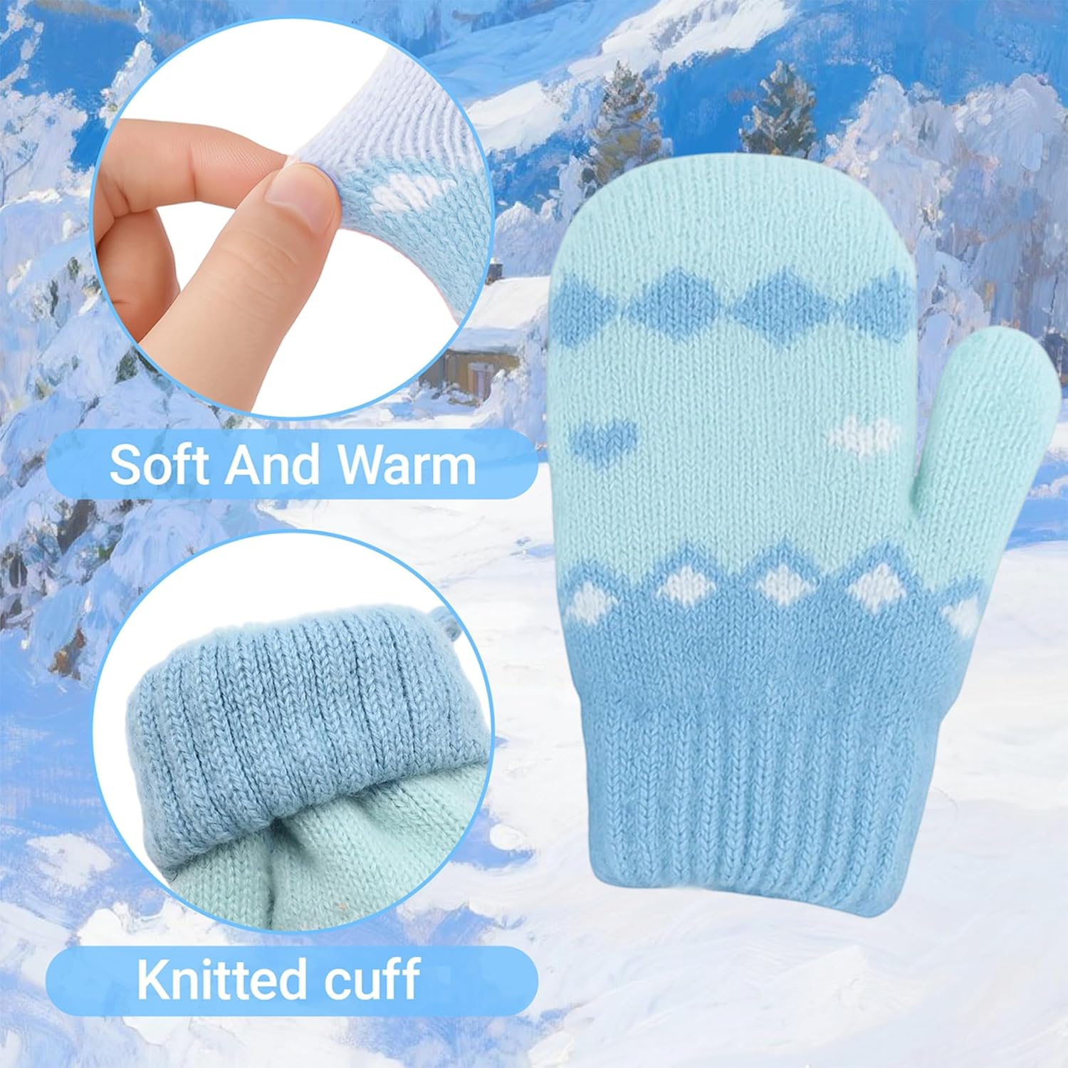 Toddler Kids Knit Mittens for Girls Boys, Winter Gloves Doulbe Layer Thick Fleece Lining with String for Cold Weather - Image 2