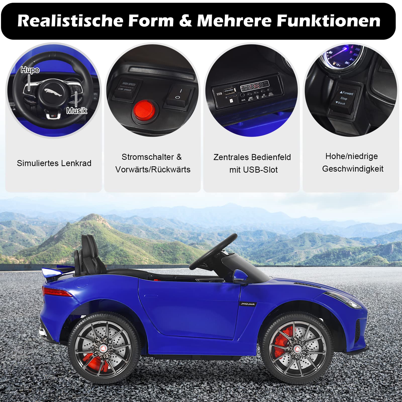 GOPLUS Elektroauto Jaguar, 12V Kinderauto mit 2,4 Ghz Fernbedienung, Softstart, LED Licht, Hupe, Musik, Sicherheitsgurt, 3-5 km/h, Kinderfahrzeug für Kinder ab 3 Jahre bis zu 25 kg (Blau)