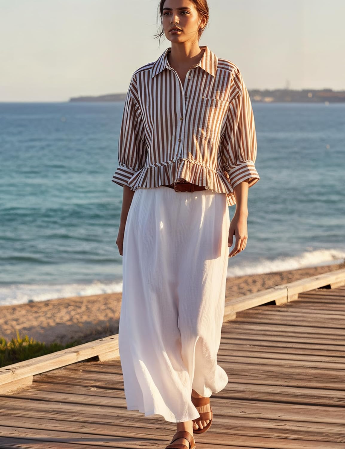 Womens 3/4 Length Sleeve Striped Button Down Shirt Loose Fit Drop Shoulder Trendy Ruffle Hem Striped Blouses Top - Image 3