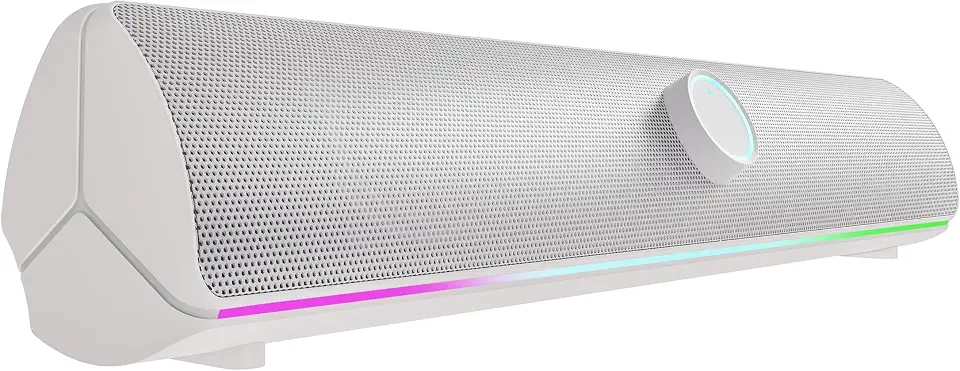 USB Powered RGB Gaming Soundbar with Bluetooth 5.2, 12 RGB Lighting Effects, Bass Control, Touch & Knob Controls, 10W Stereo Speakers for PC, Laptop, Smartphone & Projector (White)