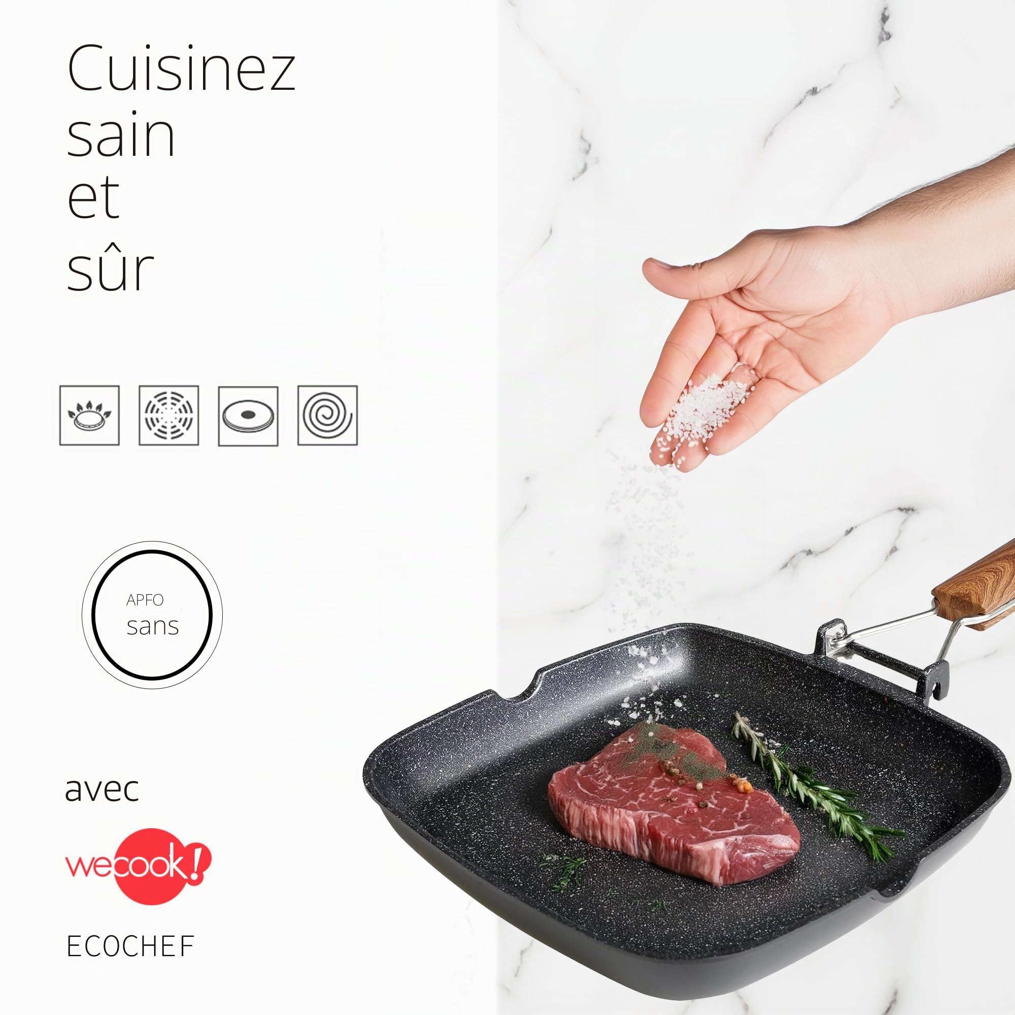 WECOOK! Ecochef Titane Poêle à Griller Induction Lisse, 28x28cm, Antiadhésive QUANTANIUM Écologique sans PFOA, Fonte d'Aluminium, Épaisseur 5 mm, Poignée en Bois Pliable, Vitrocéramique, Gaz