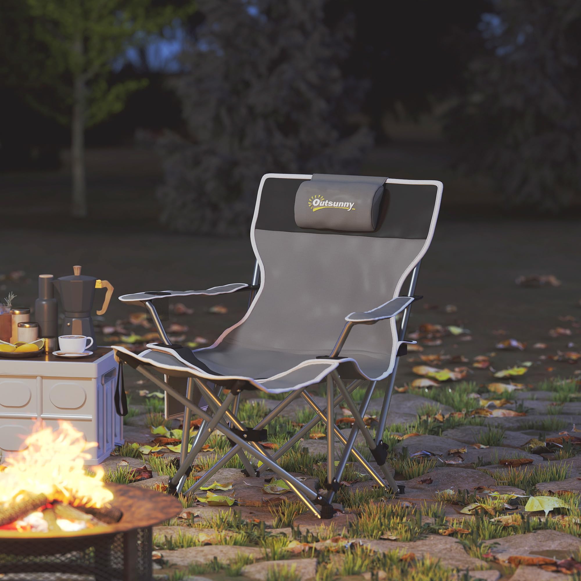Outsunny Sedia da Campeggio Pieghevole con Poggiapiedi Staccabile, Portabicchieri e Tasca Laterale, Sedia da Giardino in Tessuto Oxford e Metallo, Portata Fino a 120 kg, 82x100x88 cm, Grigio