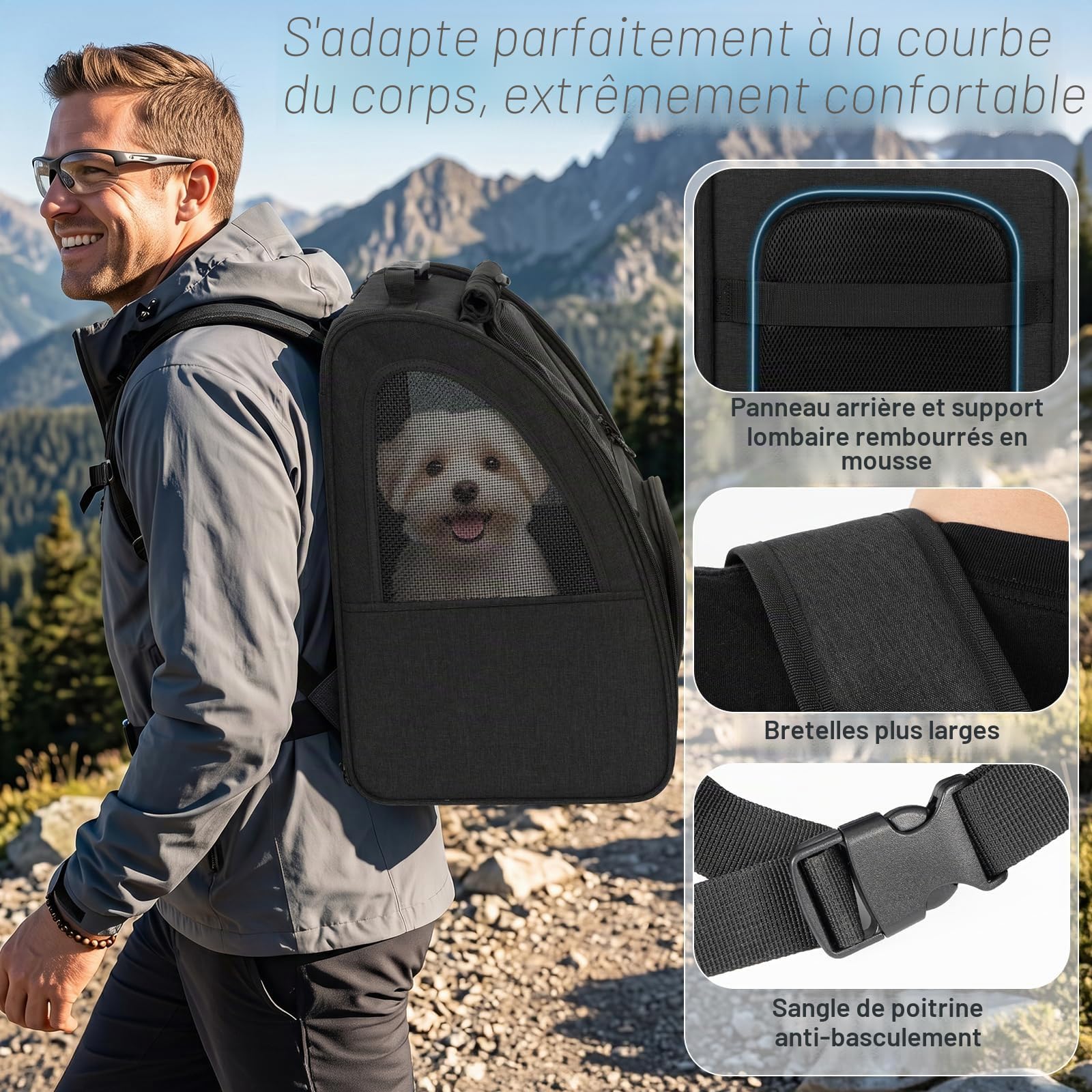 Aystkniet Sac à Dos Transport Chien Chat, Sac Respirant 270° avec 3 Ouvertures, Sac Pliable pour Petit Animal, Rideau Intimité, Support Valise, Voyage Randonnée Camping Plein Air