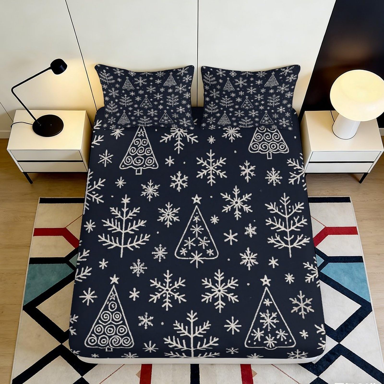 3D Printed Snowflake Christmas Tree Fitted Sheet Microfiber Black Bed Cover Anti-Slip for Bedroom Guestroom Dorm Mattress Protection 120x200x25cm